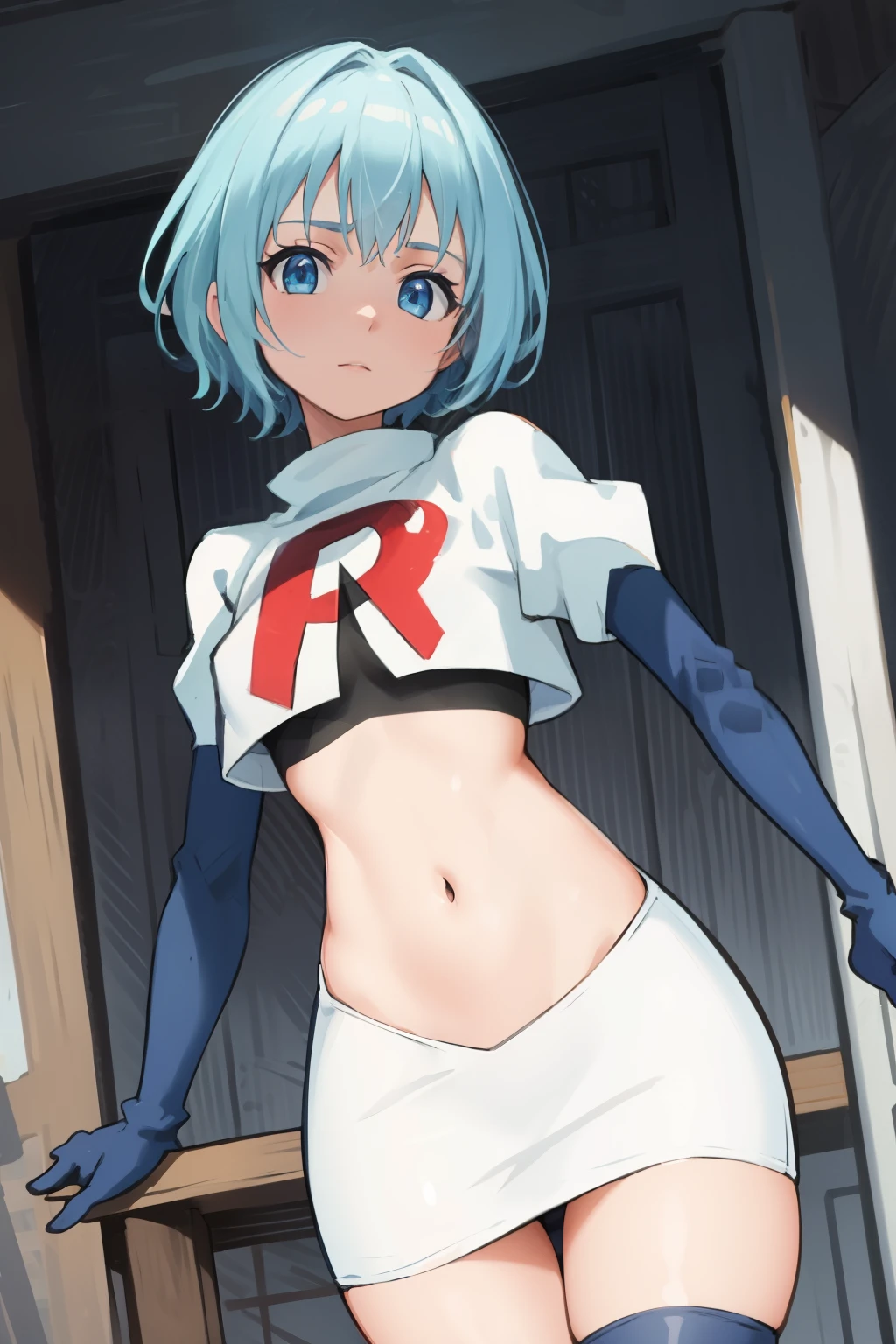 best quality, (masterpiece:1.2), highly detailed,
1girl, solo, lelei la lalena,
looking at viewer,
blue eyes, blue hair, short hair, small breasts, team rocket,team rocket uniform,white skirt,red letter R,crop top,black thigh-highs,black elbow gloves