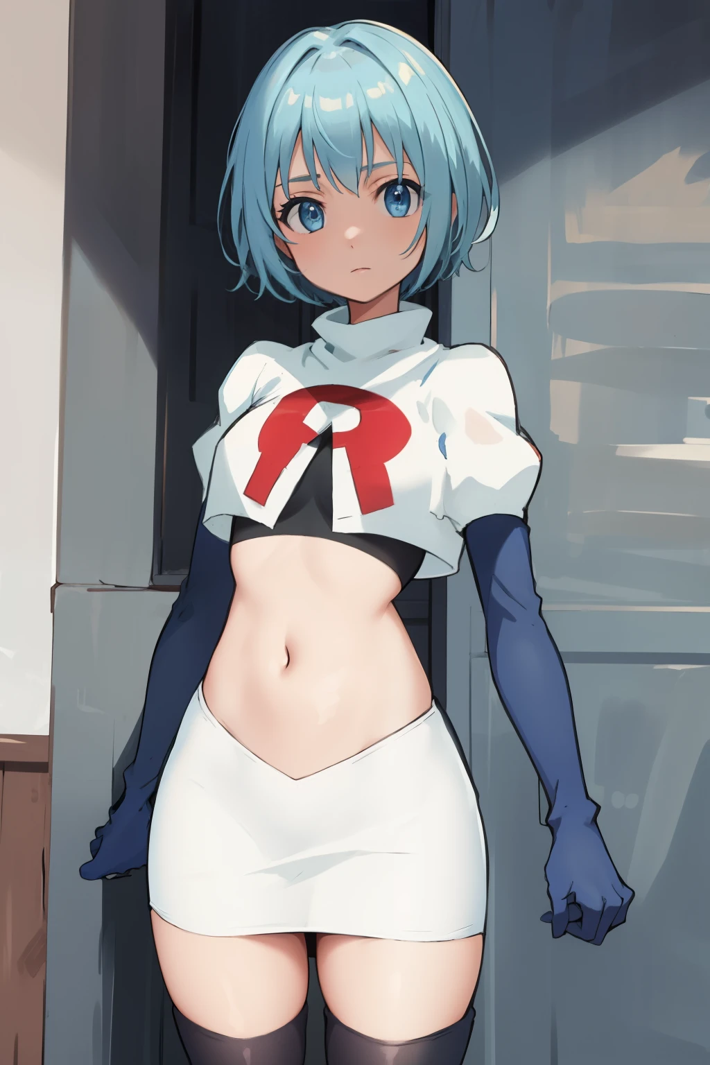 best quality, (masterpiece:1.2), highly detailed,
1girl, solo, lelei la lalena,
looking at viewer,
blue eyes, blue hair, short hair, small breasts, team rocket,team rocket uniform,white skirt,red letter R,crop top,black thigh-highs,black elbow gloves