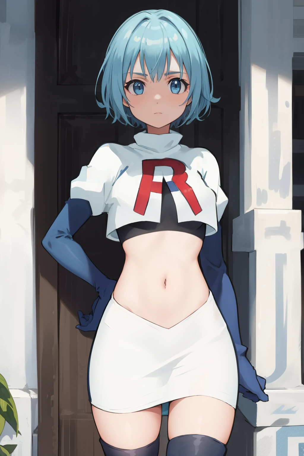 best quality, (masterpiece:1.2), highly detailed,
1girl, solo, lelei la lalena,
looking at viewer,
blue eyes, blue hair, short hair, small breasts, team rocket,team rocket uniform,white skirt,red letter R,crop top,black thigh-highs,black elbow gloves