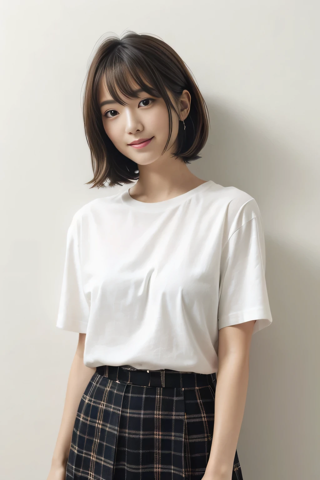 masterpiece、一人のBeautiful woman、detailed face、cute、fine eyes、fine skin、highest quality、Japanese、常に真frontageを向く、background white,、I am 28 years old、I&#39;Iは黒無地の半袖Tシャツを着ています、shy smile、shortcut、brown fluffy hair、soft light, Beautiful woman、bright look、(Are standing)、frontage、small breasts、(Keep your upper body facing straight ahead.......) , Wearing a long plaid skirt , full body shot,So that the whole body is reflected, background white, bob hair.,keep your chest straight ahead、black t-shirt、I&#39;Iは黒無地の半袖Tシャツを着ています、The background is a white wall, black t-shirtを着ています、I wear a black T-shirt,