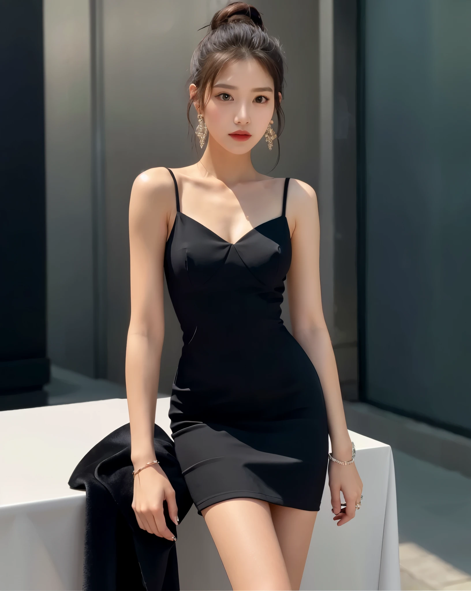 there is a woman standing in a black dress at a table, cute black dress, wearing black dress, simple dress, wearing a black dress, low cut dress, black dress, short dress, she is wearing a black dress, light half opened dress, dark black dress, tube-top dress, wearing a dark dress, with black, photo of slim girl model