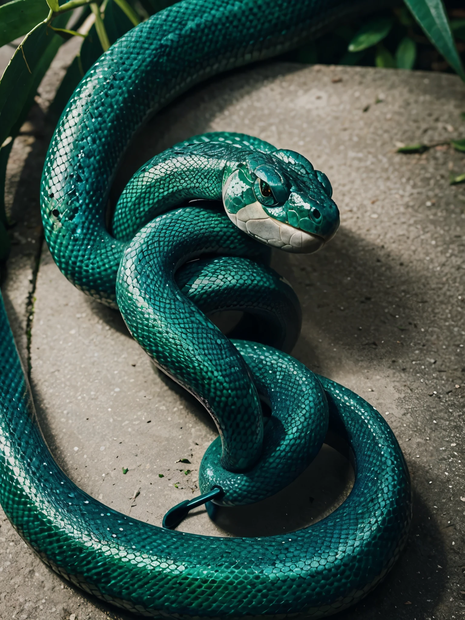 1 single emerald snake with large navy blue eyes 