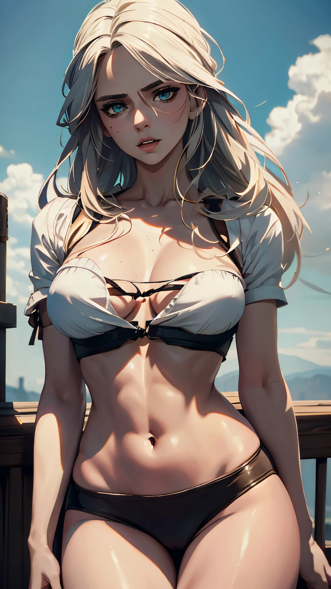 (best quality,highres,masterpiece:1.2), (realistic,photo-realistic:1.37), a girl(model-like appearance) Ciri from The Witcher 3, slender figure, extremely detailed face, expressive gaze, long flowing white locks of hair blowing in the wind, medium-sized breasts, a rooftop background