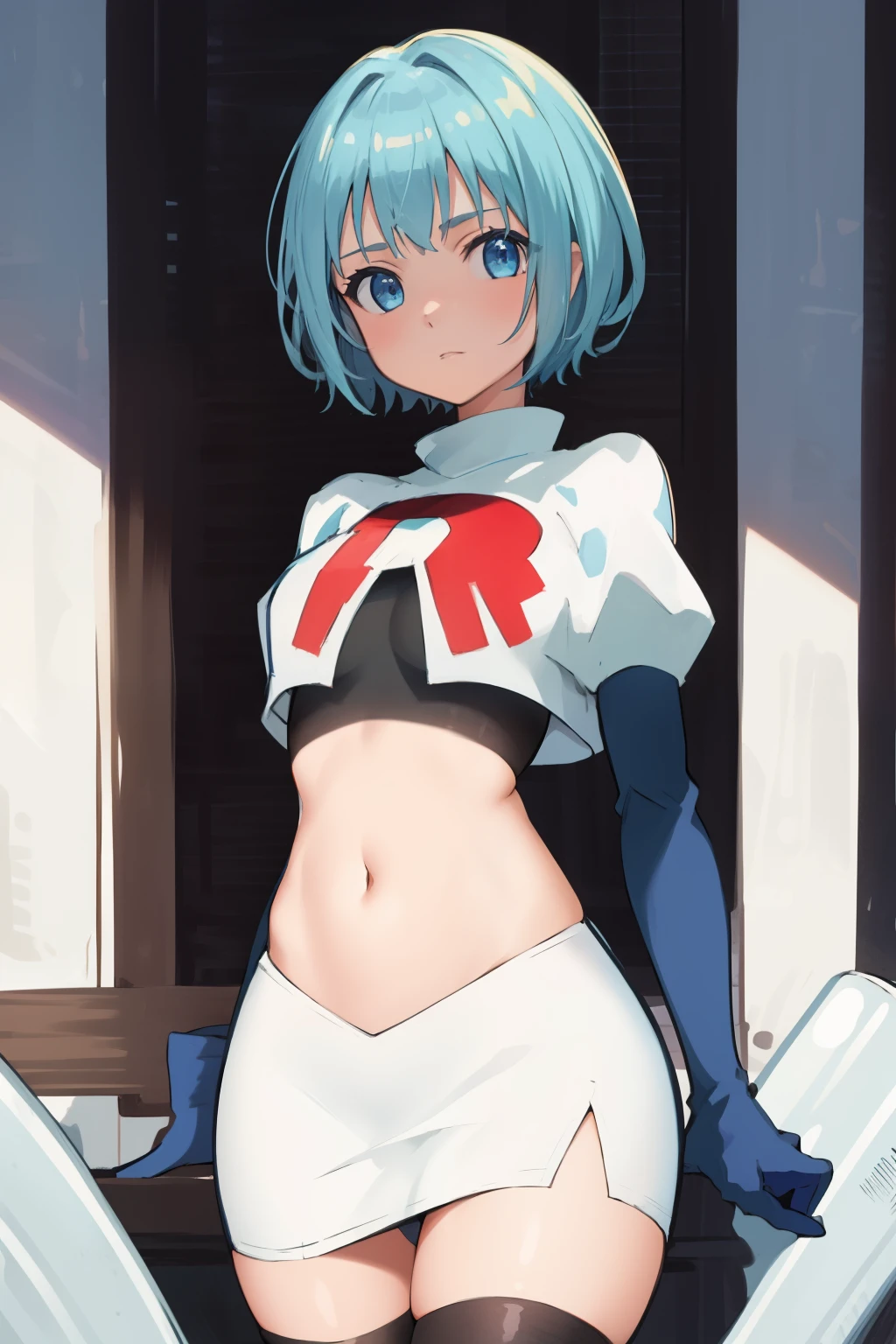 best quality, (masterpiece:1.2), highly detailed,
1girl, solo, lelei la lalena,
looking at viewer,
blue eyes, blue hair, short hair, small breasts, team rocket,team rocket uniform,white skirt,red letter R,crop top,black thigh-highs,black elbow gloves