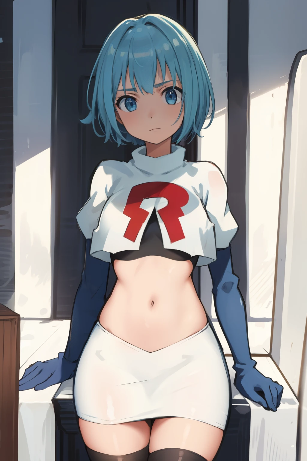 best quality, (masterpiece:1.2), highly detailed,
1girl, solo, lelei la lalena,
looking at viewer,
blue eyes, blue hair, short hair, small breasts, team rocket,team rocket uniform,white skirt,red letter R,crop top,black thigh-highs,black elbow gloves