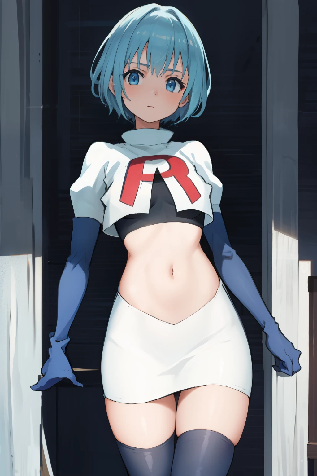 best quality, (masterpiece:1.2), highly detailed,
1girl, solo, lelei la lalena,
looking at viewer,
blue eyes, blue hair, short hair, small breasts, team rocket,team rocket uniform,white skirt,red letter R,crop top,black thigh-highs,black elbow gloves