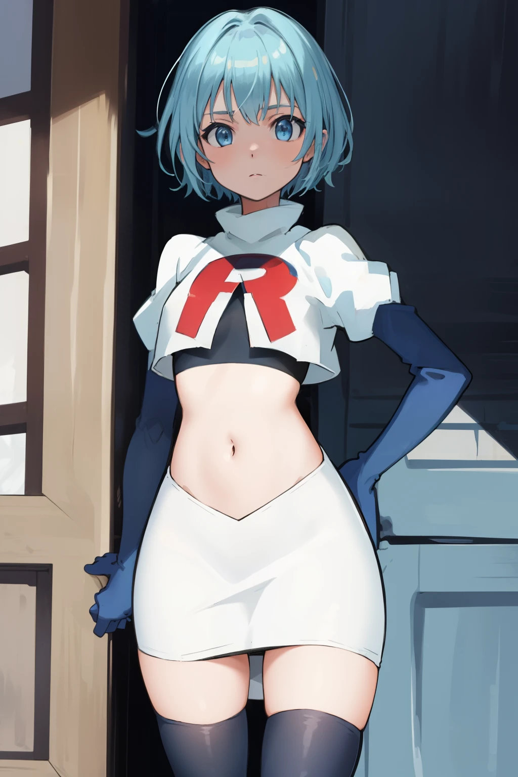 best quality, (masterpiece:1.2), highly detailed,
1girl, solo, lelei la lalena,
looking at viewer,
blue eyes, blue hair, short hair, small breasts, team rocket,team rocket uniform,white skirt,red letter R,crop top,black thigh-highs,black elbow gloves