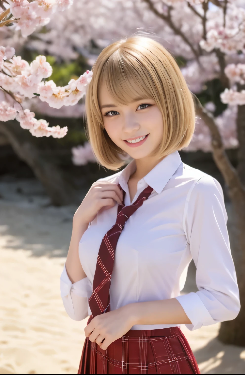 table top,highest quality,super detailed,finely,High resolution,In 8K,((Photoreal:1.4,Raw photo,超A high resolution,best image quality:1.4)),table top、highest quality、 super detailed、High resolution、8k wallpaper、perfect dynamic composition,、detailed and beautiful eyes、(beautiful breasts:1.2) 、blue blazer、school uniform、white shirt、red tie、Plaid brown skirt、1 girl、beautiful girl、high school student、blonde hair(blonde)、bob cut、smile、The background is the beautiful sea、walk on the sandy beach、spring、cherry blossoms