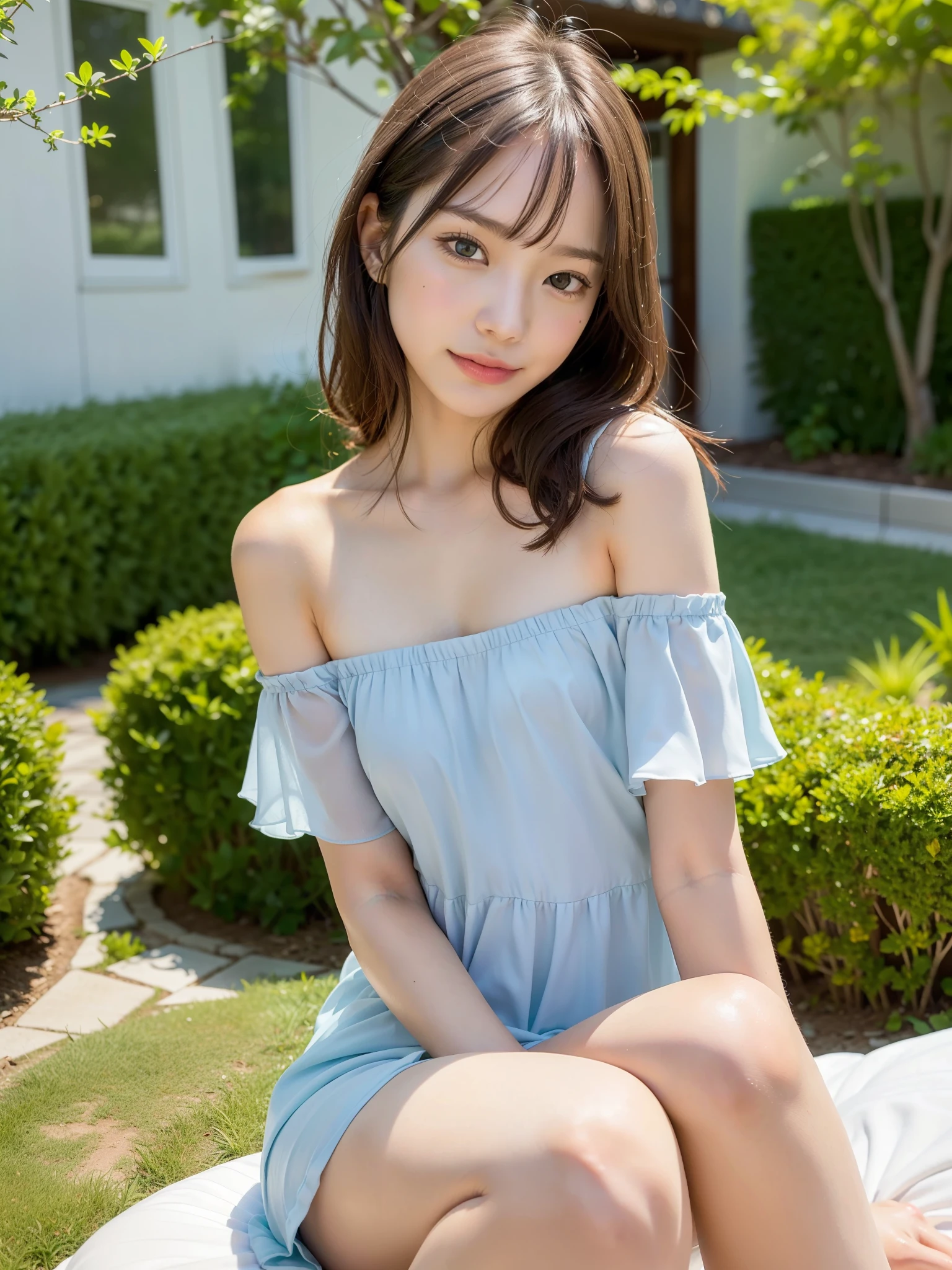 ((Best of the highest quality, 8k, Masterpiece: 1.3, raw photo)), Sharp focus: 1.2, (1 AESPA girl: 1.1), (Solo: 1.18), (realistic, photo-realistic:1.37), face focus, cute face, finely eyes, (Small breasts, flat chest, Thigh: 1.3), (full nude, Off-the-shoulder chiffon dress, panties: 1.4), short messy hair, updo, (sitting on bed, one knee up, garden: 1.2), flower
