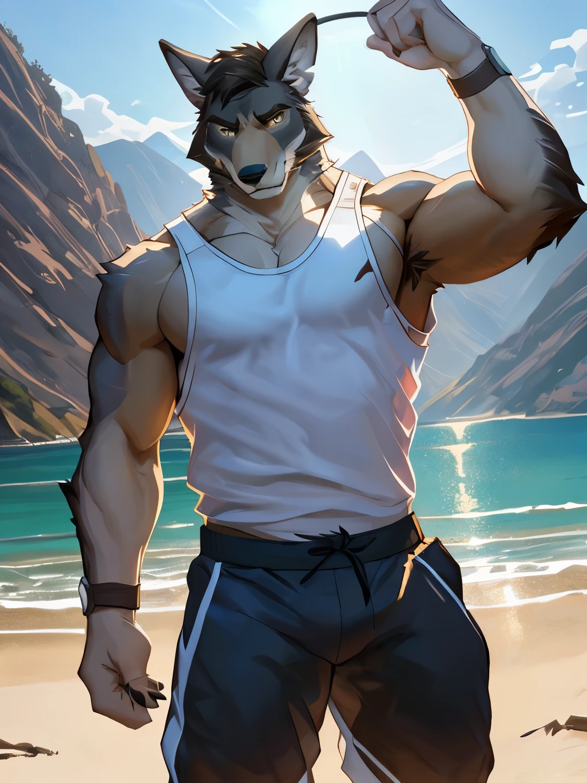 4k, ,8K, A high resolution, best quality, perfect colors, perfect shadows, perfect lighting, posted on e621, (by Chunie, by canyne khai, by t.y.starale), male, furry, Wolf anthro, william adler, solo, eyes, (Realistic eye details 1.2), beach, wearing tank top, wearing jogger sweatpants, Full body like, Slim body, abs, dramatic lighting, soft lighting, day, highly detail, Hair coiled, delight, Standing up position, cool pose charm, Abstract beauty, centre, Looking at the camera, Facing the camera, nearing perfection, Dynamic, highly detailed, illustration, (Realistic background), ((Bonifasko lighting)), (Detailed eyes), perfect pupils, detail eyes, detail fluffy fur, (seductive face:1.2), fit body, Looking at the camera,, fit body, perfect male figure, Detailed fur, Detailed face, Perfect face, Detailed background, (Complex), (Super Detail), (Ultra Clear), (Best Quality)