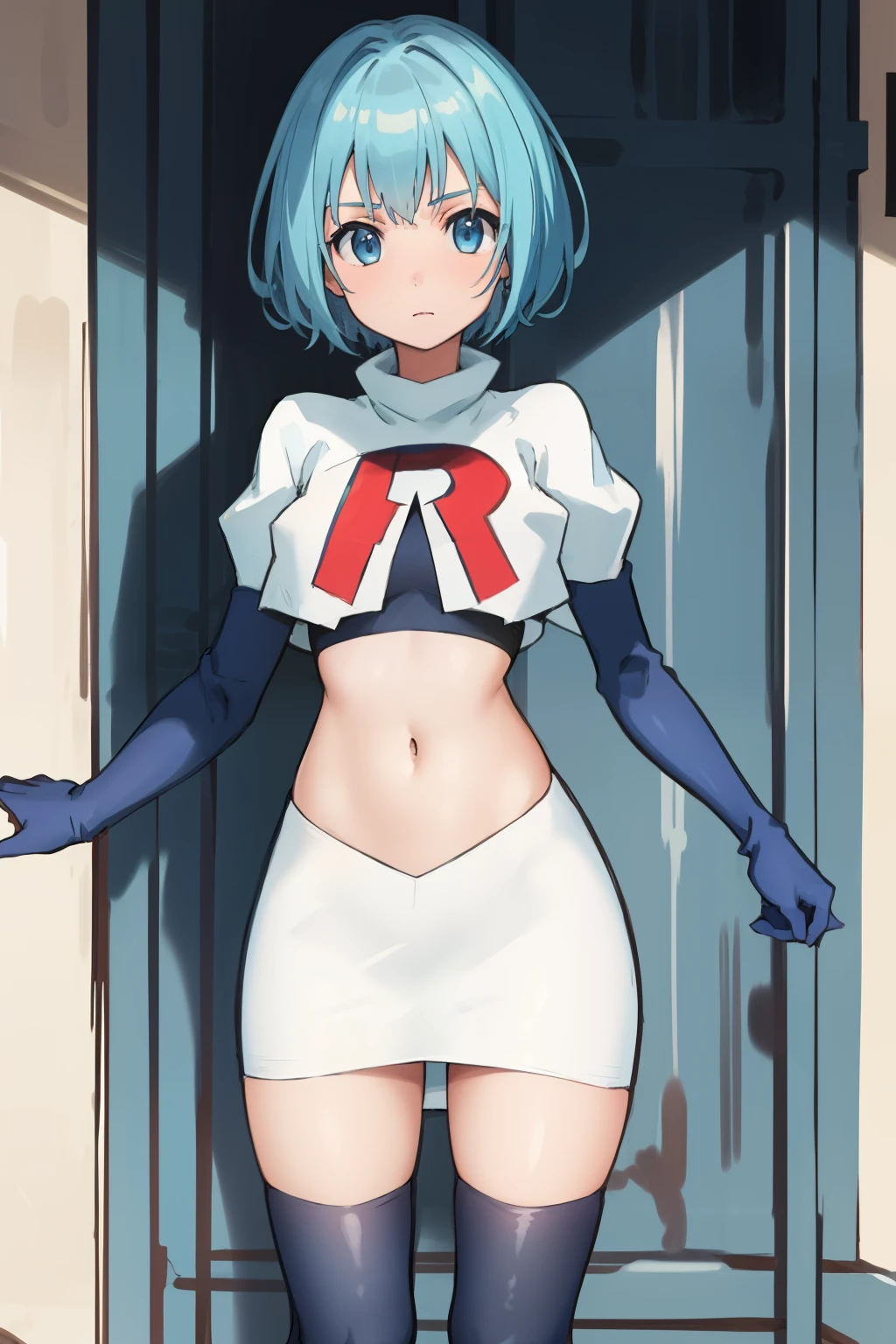 best quality, (masterpiece:1.2), highly detailed,
1girl, solo, lelei la lalena,
looking at viewer,
blue eyes, blue hair, short hair, small breasts, team rocket,team rocket uniform,white skirt,red letter R,crop top,black thigh-highs,black elbow gloves