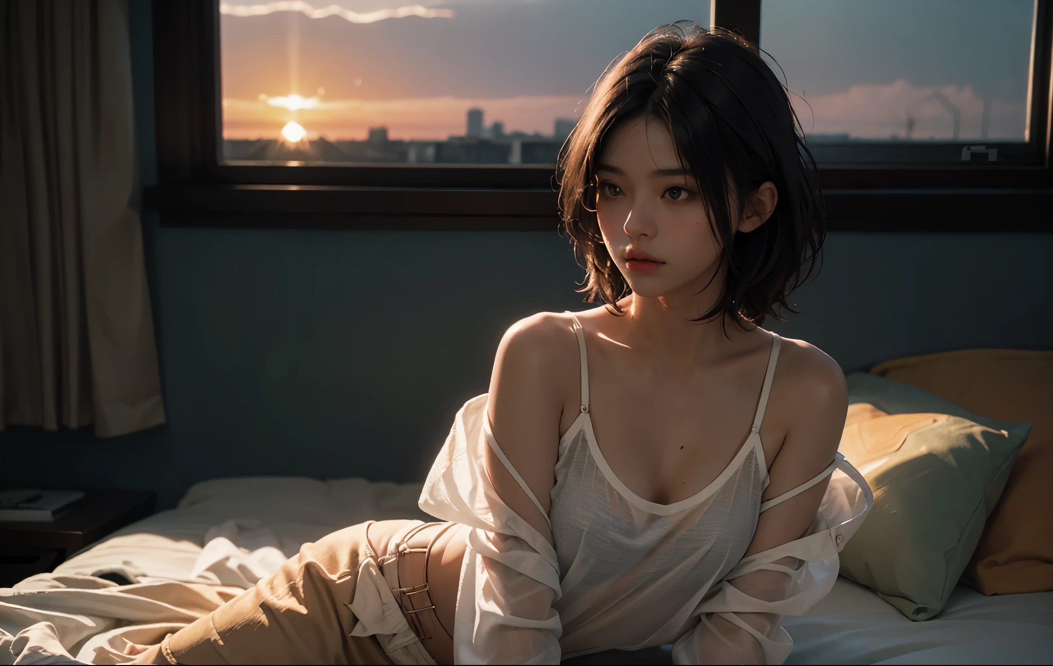 1 girl, Best quality, masterpiece, ultra high res, (photorealistic:1.4), raw photo, 1girl, see through spaghetti strap shirt, cinematic lighting, half body view, half body shot, bedroom, by the window, orange sunset light reflects on hair, one strap falls off shoulder
