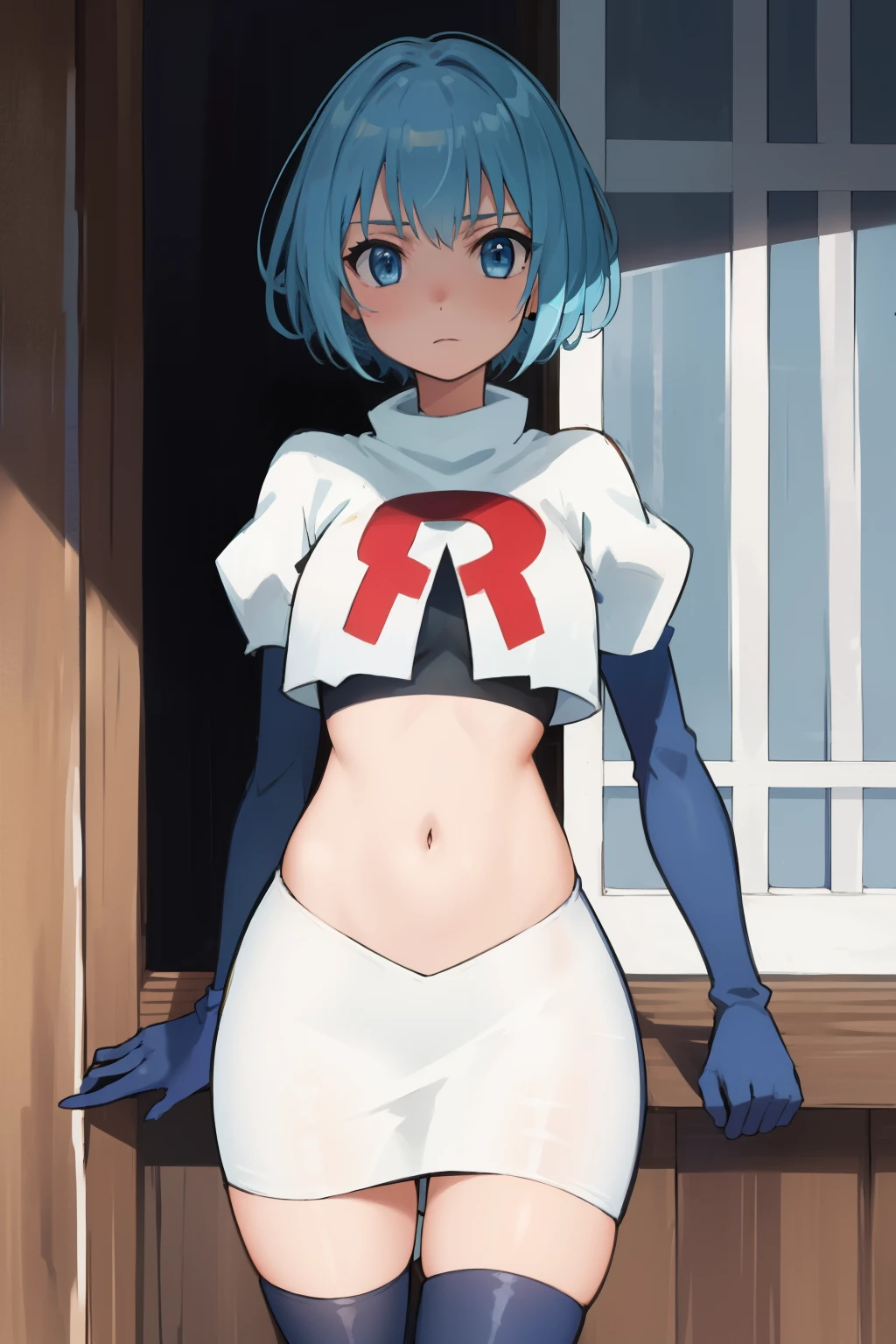 best quality, (masterpiece:1.2), highly detailed,
1girl, solo, lelei la lalena,
looking at viewer,
blue eyes, blue hair, short hair, small breasts, team rocket,team rocket uniform,white skirt,red letter R,crop top,black thigh-highs,black elbow gloves