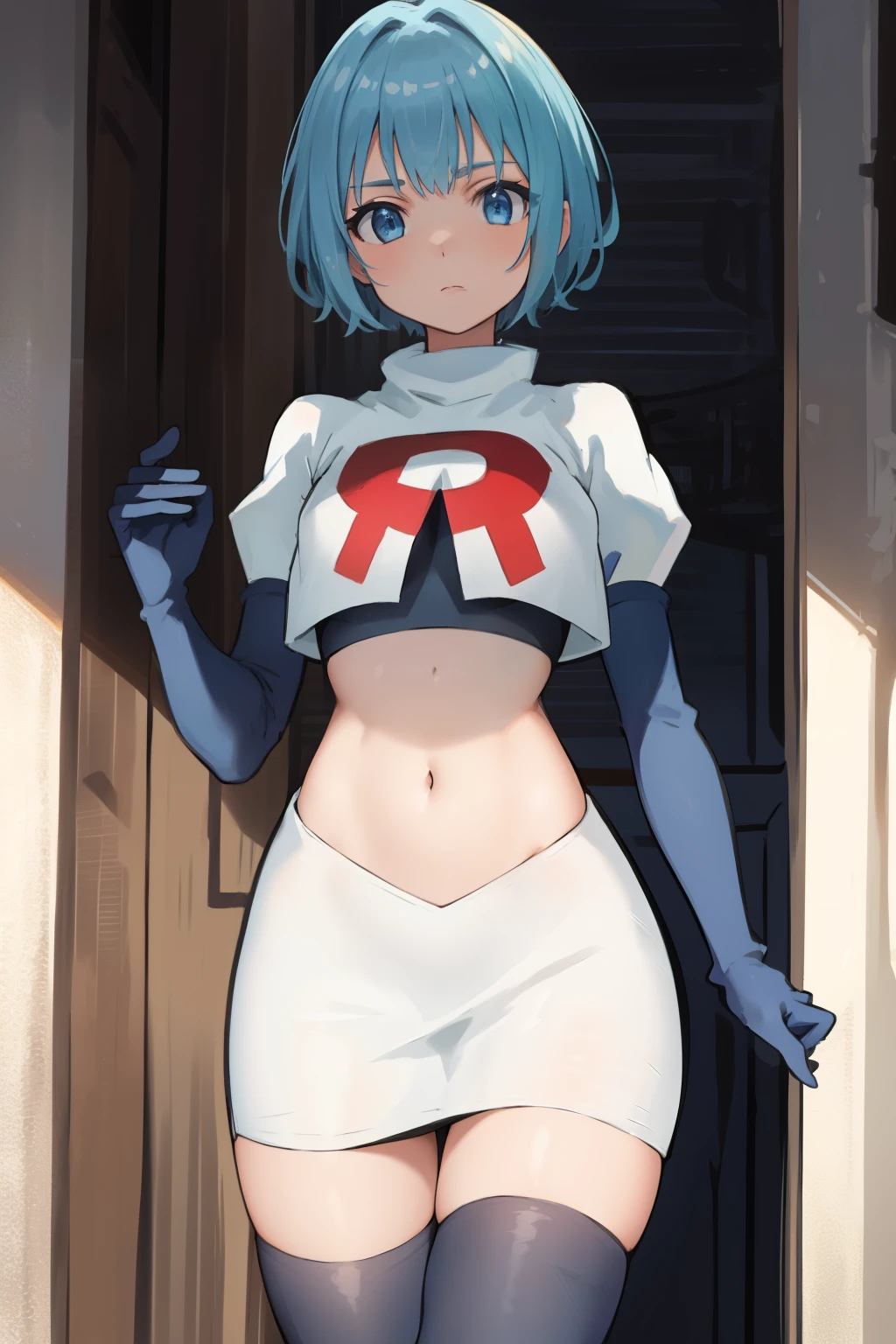 best quality, (masterpiece:1.2), highly detailed,
1girl, solo, lelei la lalena,
looking at viewer,
blue eyes, blue hair, short hair, small breasts, team rocket,team rocket uniform,white skirt,red letter R,crop top,black thigh-highs,black elbow gloves