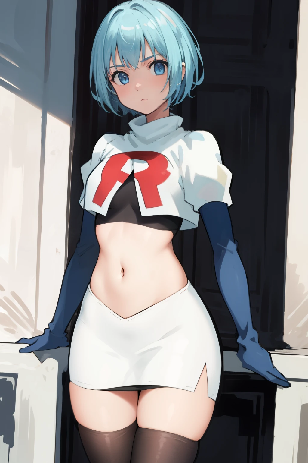 best quality, (masterpiece:1.2), highly detailed,
1girl, solo, lelei la lalena,
looking at viewer,
blue eyes, blue hair, short hair, small breasts, team rocket,team rocket uniform,white skirt,red letter R,crop top,black thigh-highs,black elbow gloves