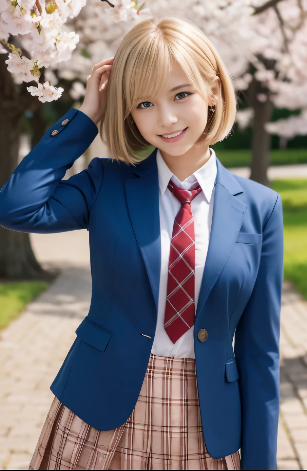 table top,highest quality,super detailed,finely,High resolution,In 8K,((Photoreal:1.4,Raw photo,超A high resolution,best image quality:1.4)),table top、highest quality、 super detailed、High resolution、8k wallpaper、perfect dynamic composition,、detailed and beautiful eyes、(beautiful breasts:1.2) 、blue blazer、school uniform、white shirt、red tie、Plaid brown skirt、1 girl、beautiful girl、high school student、blonde hair(blonde)、bob cut、smile、A park with beautiful greenery、spring、cherry blossoms