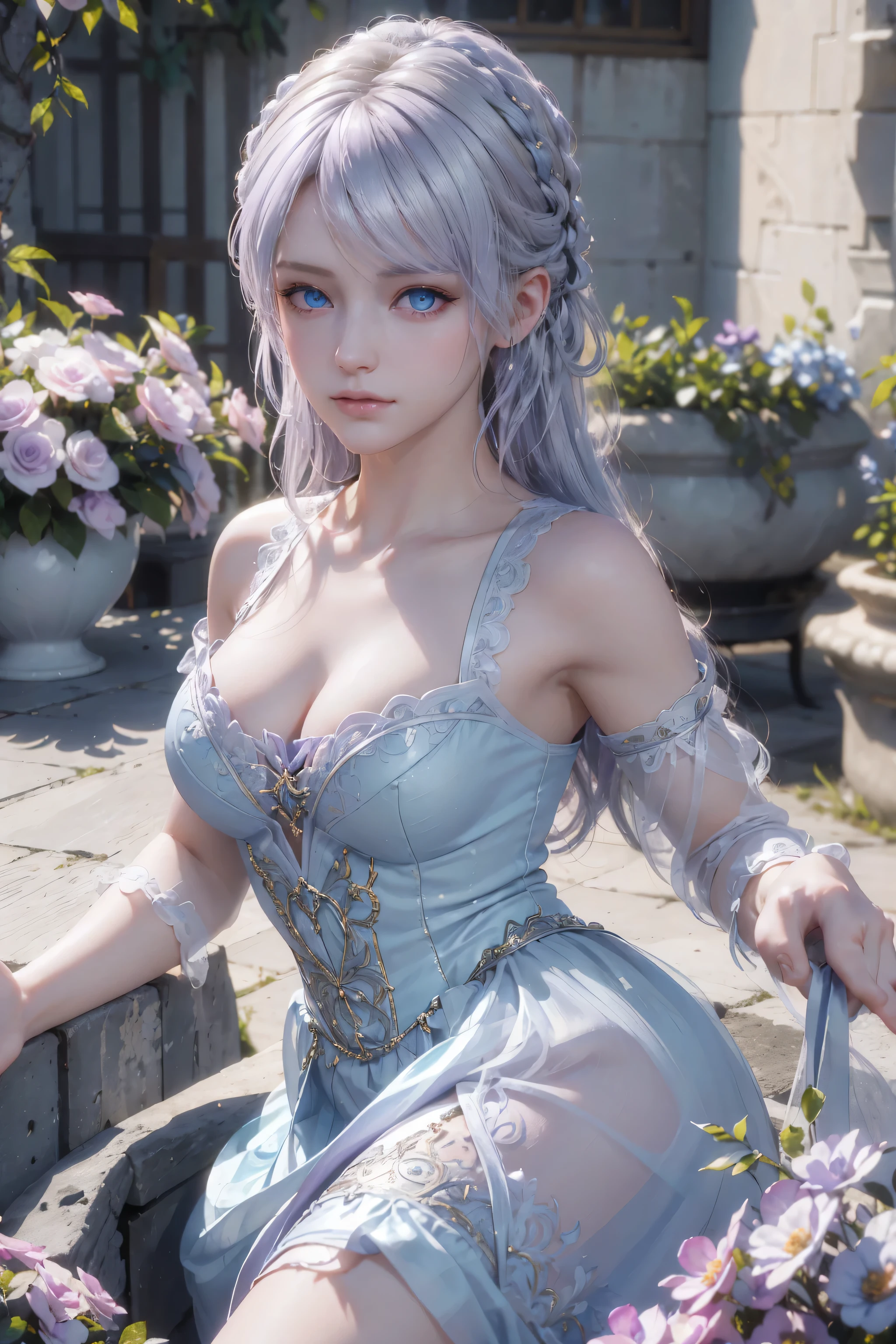 The tooltip for a given topic is as follows: "Girl with a European face, Aryan face, Silvery-purple hair, pale purple blue hair, Bright blue eyes, hair tied and falling over the right shoulder. she has a (Best Quality, 4k, 8K, hight resolution, Masterpiece:1.2) Ultra-detailed features, including realistic, Photorealistic eyes and face. The image shows a medium (Insert Material) that resembles an illustration, oil painting, or 3D rendering. Girl in garden with bright flowers and sharp focus, soft studio lighting. The overall atmosphere is calm and serene, with a touch of unearthly beauty. The color scheme is dominated by shades of black, Creating a dreamy and surreal aesthetic."