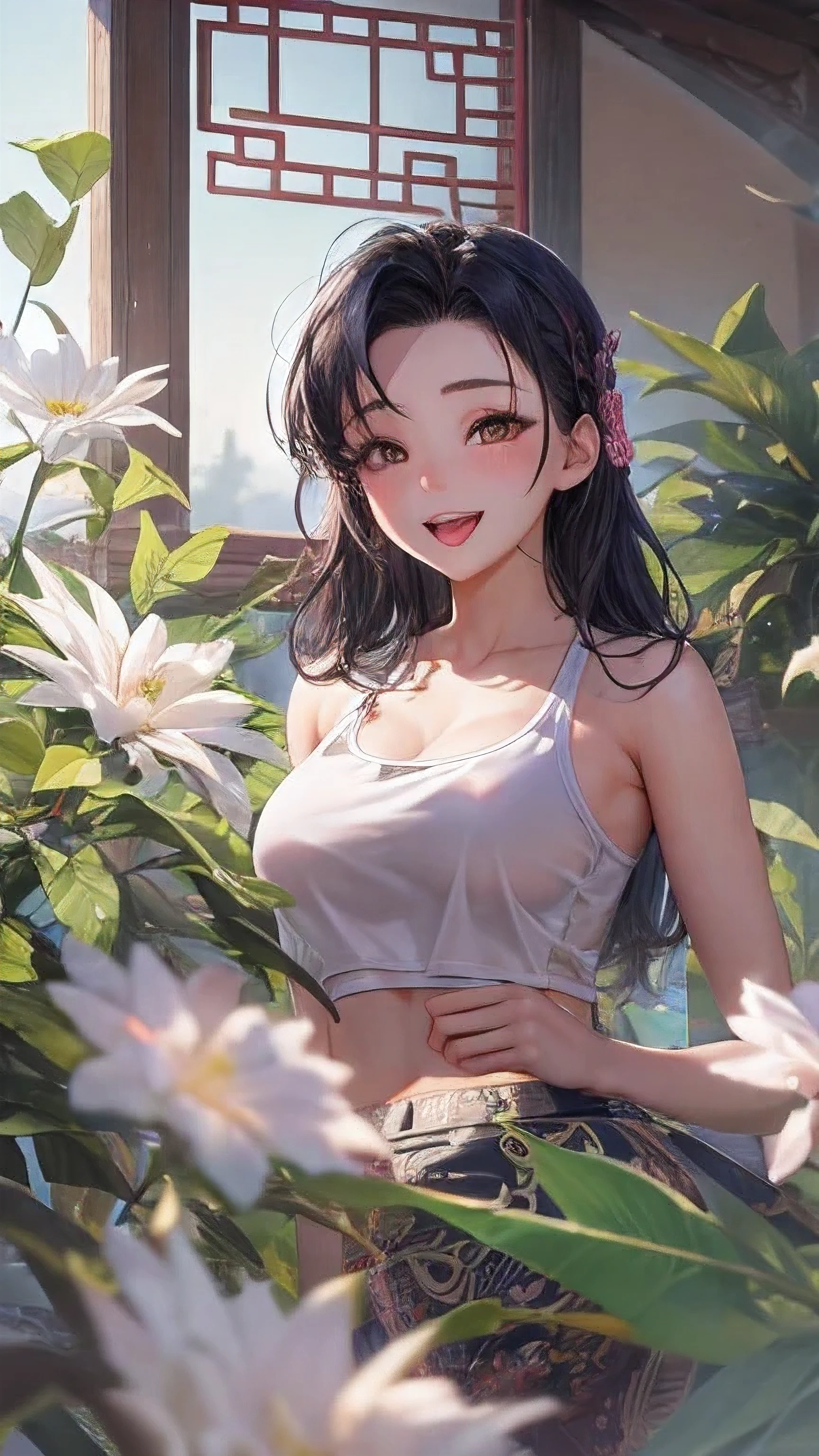 actual, 1 Chinese Fan Bingbing girl, black hair, big eyes, Smile,open mouth,big breasts,glowing eyes, crop top, skirt, open lips, blush, night, flowers, sun, sunlight,