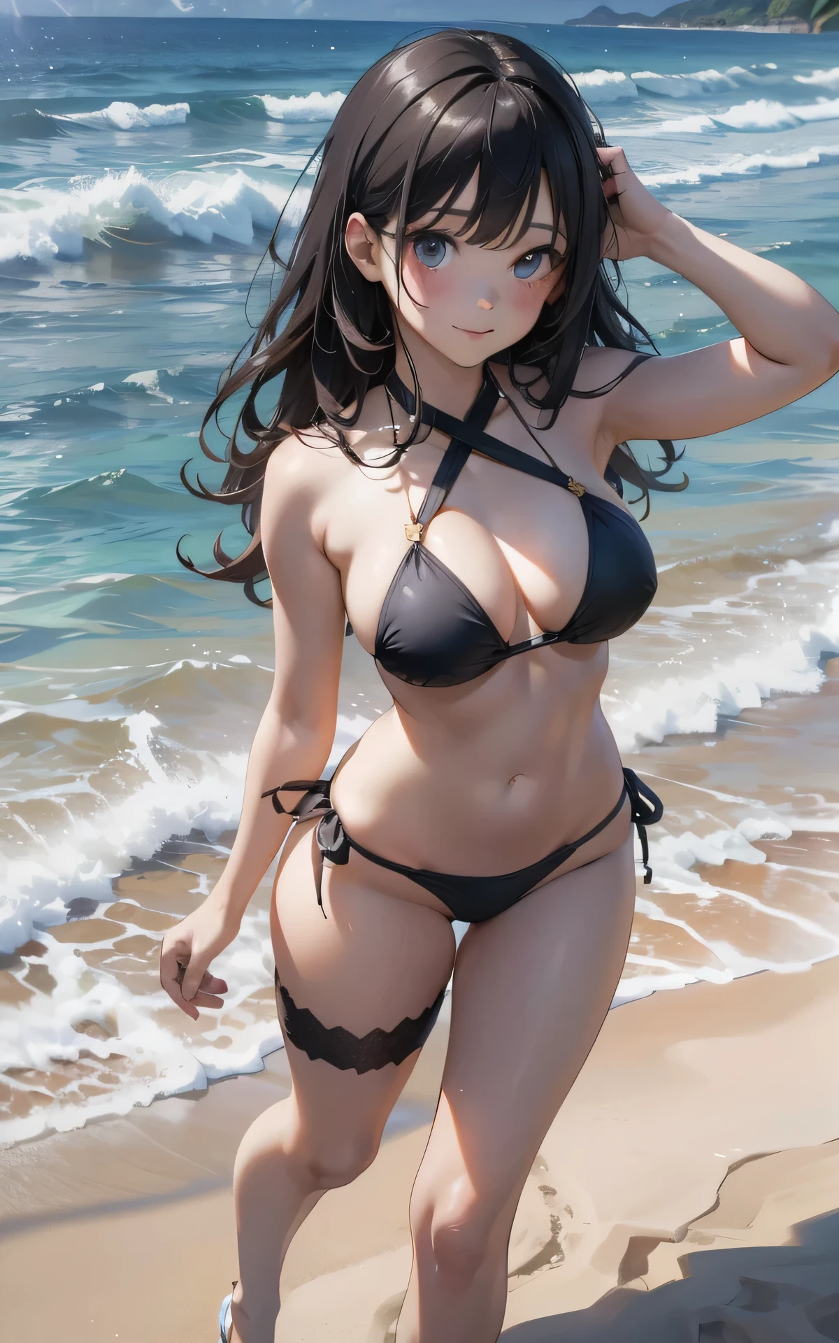 absurderes:2.0、from above, (above the knee:1.3)、realistic, Unity 8K Wallpaper, Masterpiece, Realistic face, Realistic skin feeling ,detailed hair, highly detailed, realistic glistening skin, Cute Girl, Perfect face, Innocent smile, charming oval face, Glossy skin, cross-halter-bikini、((wearing bikini only))、standing on one leg, beach side
