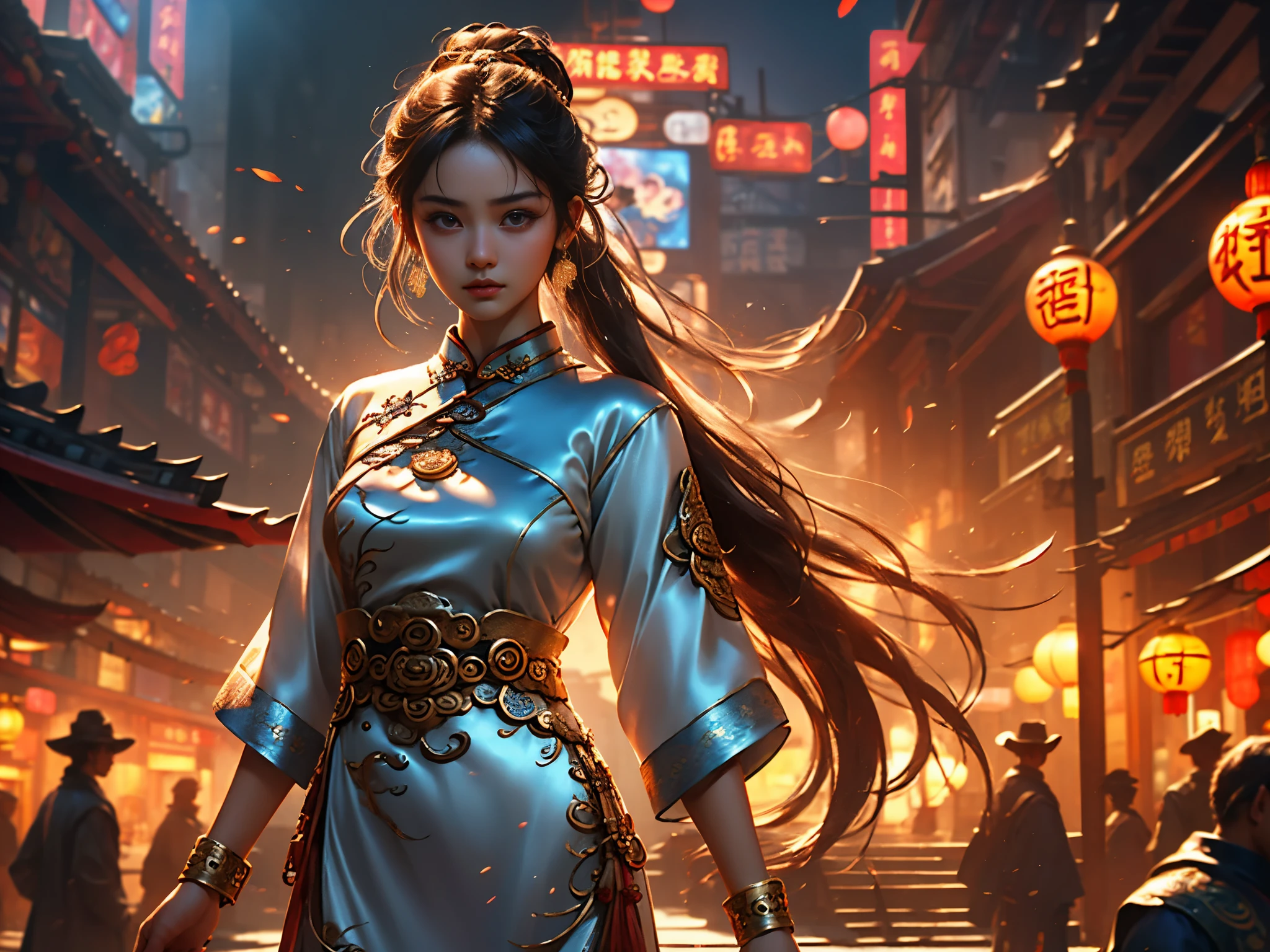 The young woman ,Stand with your back to you.., long straight hair., Ancient hanfu with beautiful patterns.., angry, Red lips