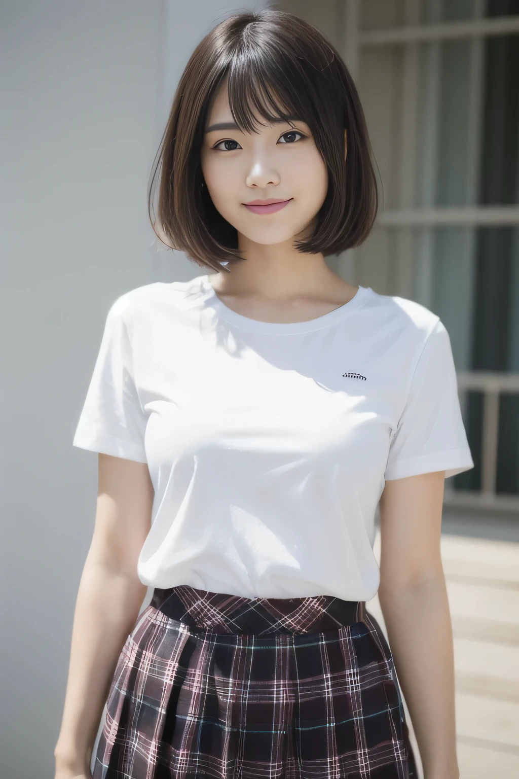 masterpiece、一人のBeautiful woman、detailed face、cute、fine eyes、fine skin、highest quality、Japanese、常に真frontageを向く、background white,、I am 28 years old、I'Iは黒無地の半袖Tシャツを着ています、shy smile、shortcut、brown fluffy hair、soft light, Beautiful woman、bright look、(Are standing)、frontage、small breasts、(Keep your upper body facing straight ahead.......) , Wearing a long plaid skirt , full body shot,So that the whole body is reflected, background white, bob hair.,keep your chest straight ahead、black t-shirt、I'Iは黒無地の半袖Tシャツを着ています、The background is a white wall, black t-shirtを着ています、I wear a black T-shirt,