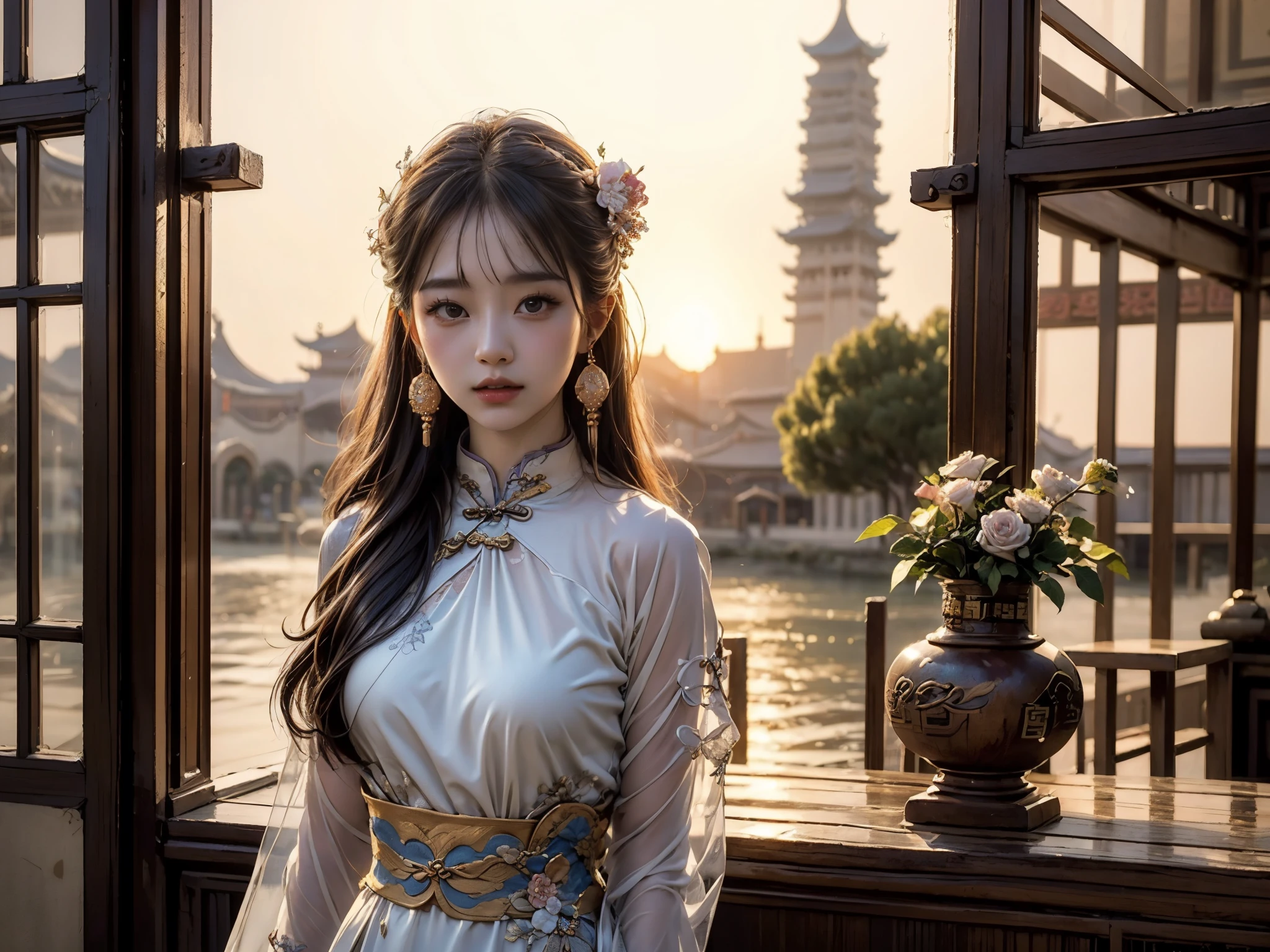 masterpiece, high detail, highest quality, high resolution, High resolution, HDR, 16k, Oversized work, award winning real photo, A depiction in which all artists were praised, detailed, official art, Break, realism, Depth of the bounds written, cinematic lighting, Backlight, Symmetrical, Bokeh, f/1.8, eye level shot, 35mm, very delicate and beautiful, very detailed, wonderful, absurd, very detailed, 美しいdetailedな女の子, (cowboy shot:1.25), Break, very cute, small face, detailed and beautiful eyes, face light, Photo of a young woman in her 20s, (Luxury cheongsam: 1.3), (fantasy themed costumes:1.3), fine clothes, (orange long straight hair:1.2), Delicate beautiful hair, perfect anatomy, perfect proportions, (Ancient Chinese city background: 1.25), detailedな背景, (looking at the viewer:1.15), (dynamic pose), cinematic lighting.