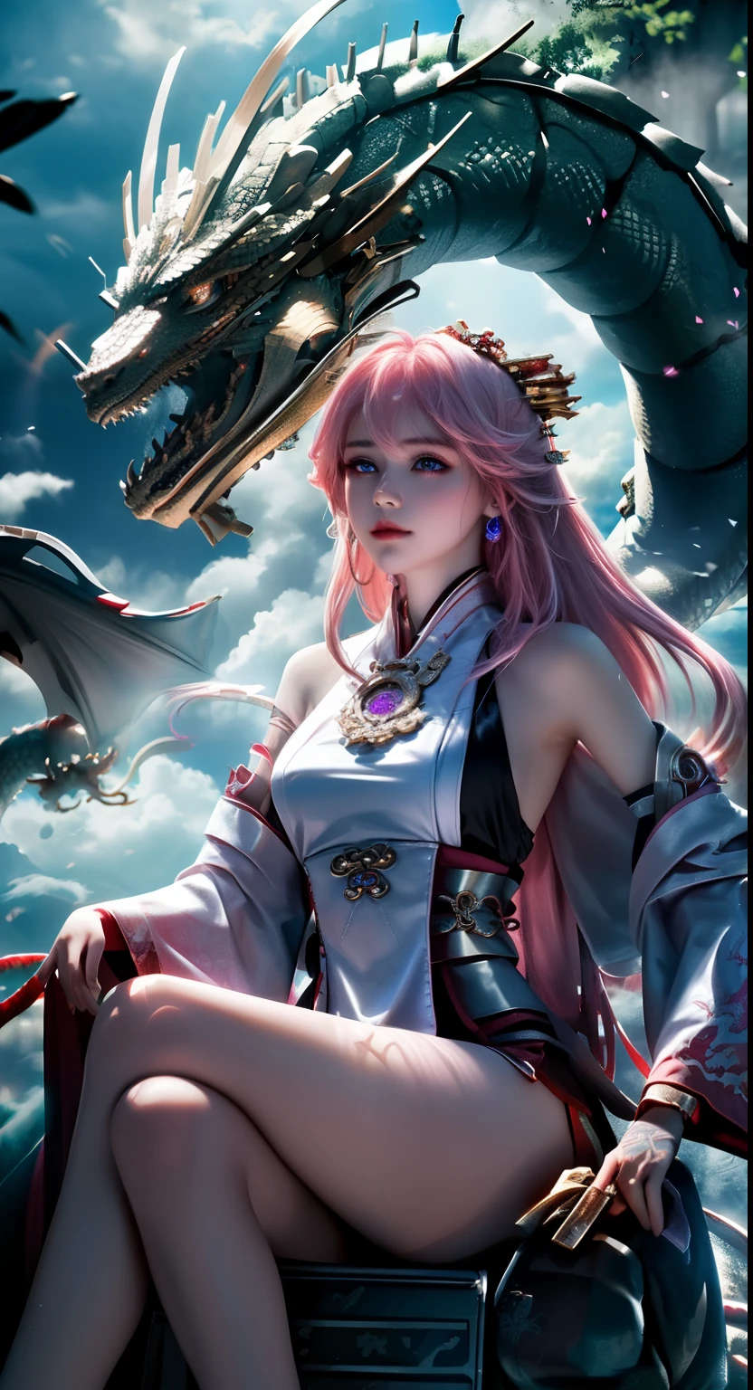Mechanical girl、((Super realistic details))、Potrat、global illumination、shadow、octane rendering、8k、Super sharp、Metal、Intricate jewelry details、cool color、egypt details、Highly intricate details、realistic light、CG social trends、radiant eyes、purple eyes，face camera、Neon details、mechanical limbs、Blood vessels connect to tubes mechanically attached to the vertebrae in the back、Mechanical cervical spine immobilizer、sit on it、Wires and cables connected to the head，（masterpiece，high quality，best quality，official art，Beauty and Aesthetics：1.2），epic，Super detailed，Surreal， (1 girl in:1.5),(Whole BodyEsbian:1.2),(The girl sits on the dragon:1.5),(1 dragon：1.5），White Hanfu，pink hair，（white dragon：1.5），dynamic poses，looking at the audience，（in the cloud：1.4），（thick clouds：1.1），surrounded by white clouds，Xiangyun，charming colors，theater lighting，edge light，（Depth of field of view：1.2）