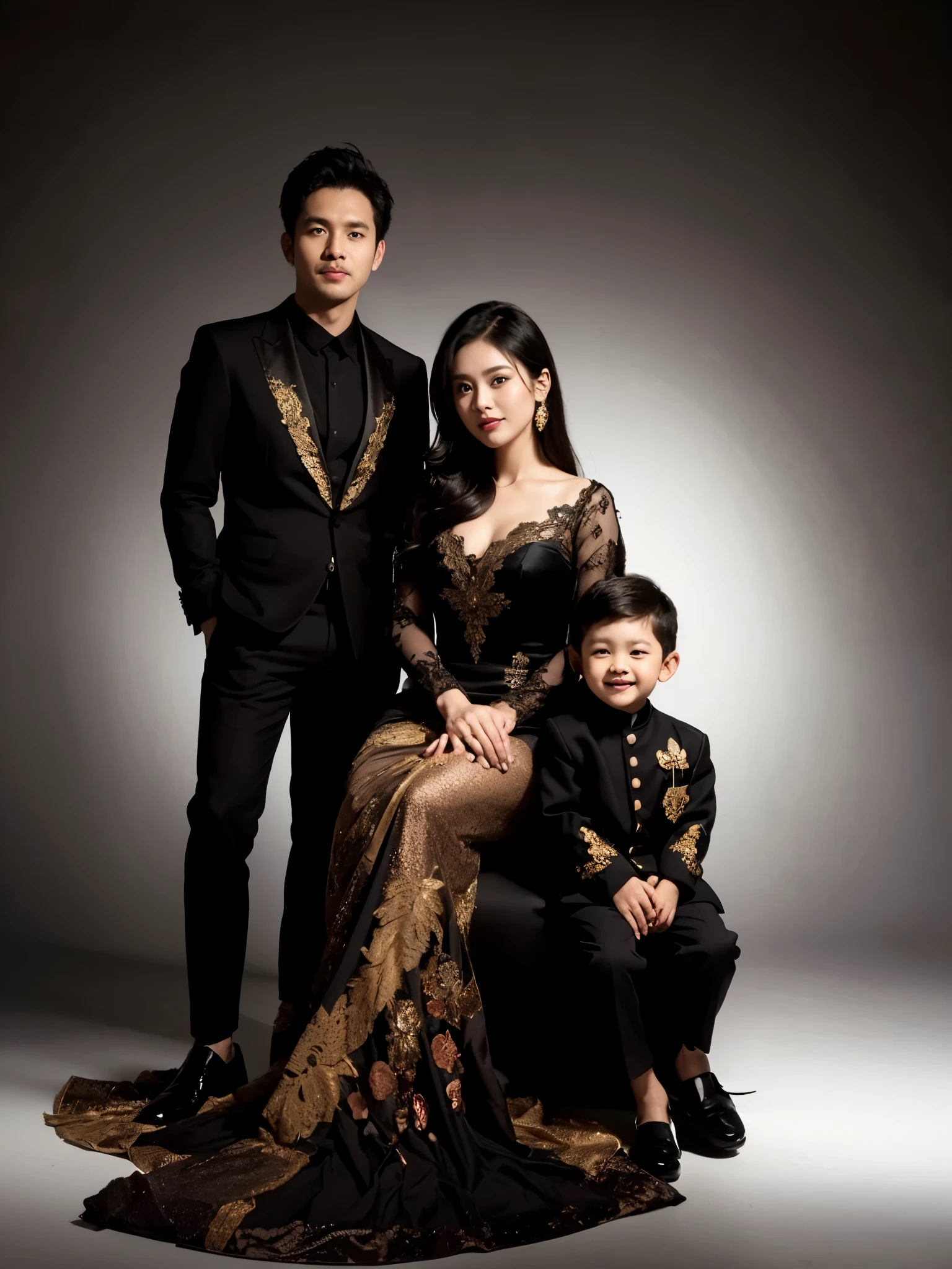 Happy family photo from Indonesia, a 33-year-old man wearing a black suit, black shoes, a 28-year-old woman wearing a black and gold kebaya, a 4-year-old boy wearing a black suit, taken in a studio with a dark background, standing pose, white lighting, ultra HD, realistic, best photography, masterpiece. 