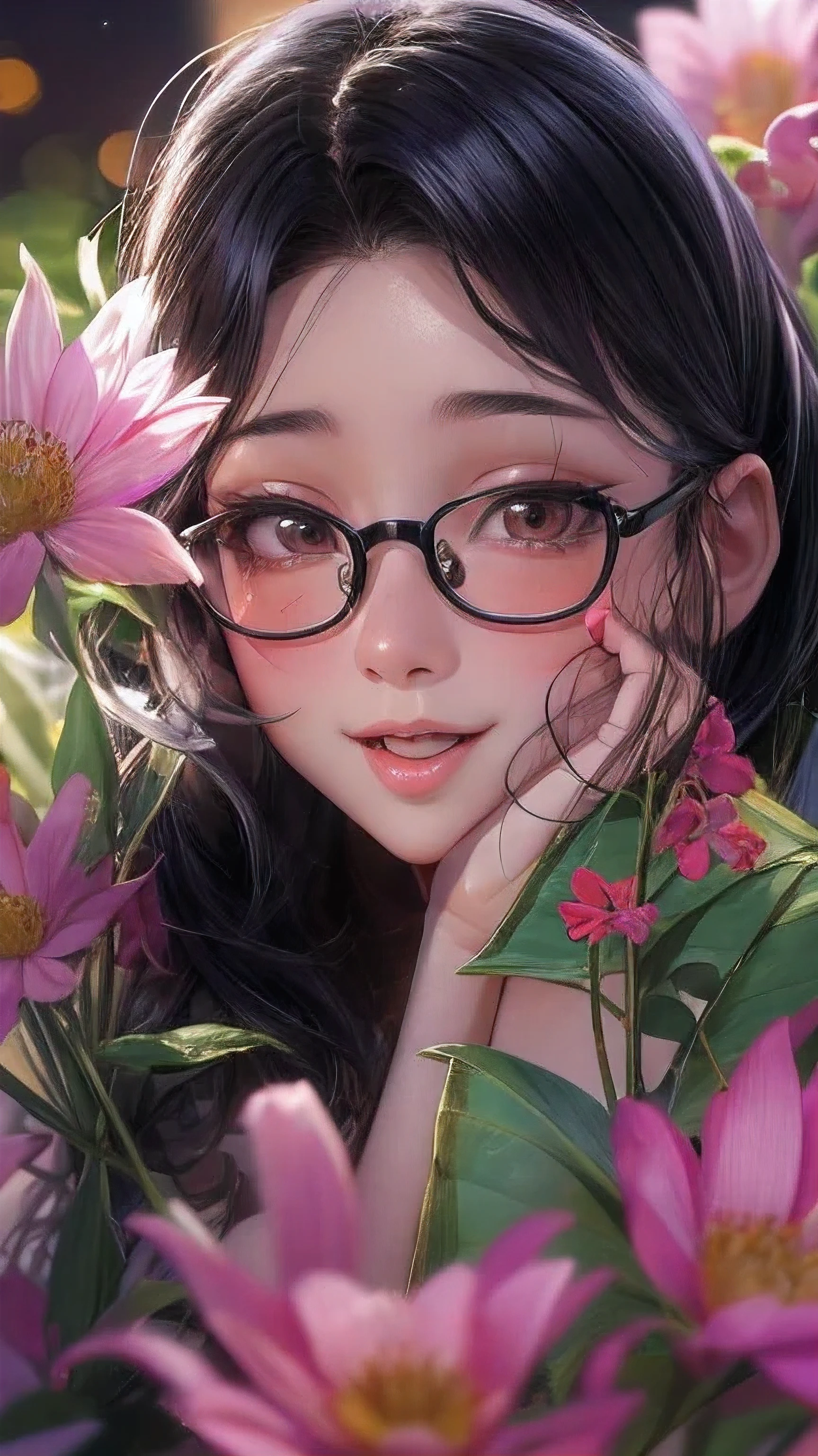 actual, 1 Chinese Fan Bingbing girl,Glasses, black hair, big eyes, Smile,open mouth,big breasts,glowing eyes, crop top, skirt, open lips,charming, night, flowers, sun, sunlight,