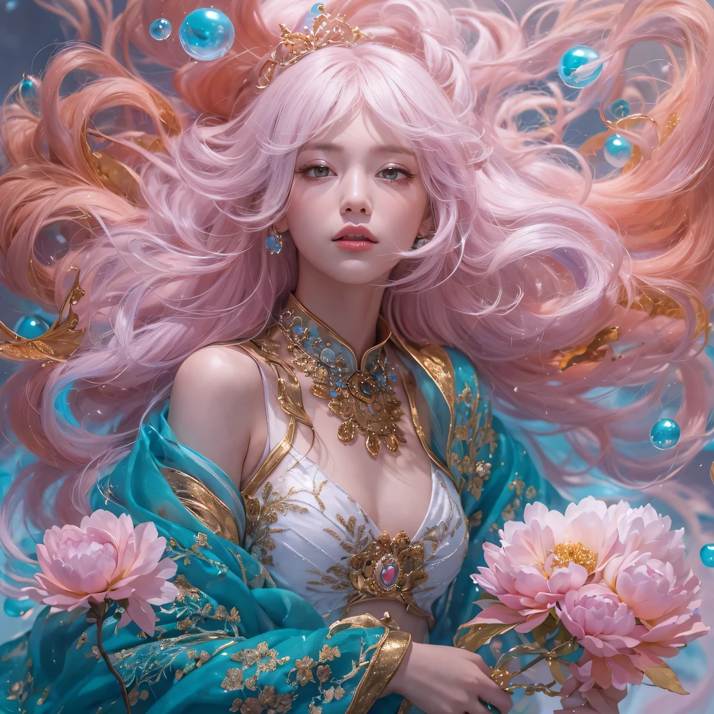 Goose pink blue color,enamel,agate,A flesh-colored world,Blood Blue Girl 32K(masterpiece,HD,Aoyama Pond,Ultra high quality,32)long flowing bright blue hair,blood pool,Ziddink, a color,Grumpy (After greeting), (Linen scarf), fighting stance, looking at the ground, Goose pink long hair, Floating bright blue, Fire cloud gold headdress, Chinese long-sleeved gold silk burgundy garment, (Abstract metaverse splash:1.2), White background,Peony flower vitality protector(粉realisticlying:1.4),bright purple hair,Smoke on the road,The background is very pure, high resolution, detail, RAW photos, Sharp Re, Nikon D850 film photo by Jefferies Lee 4 Kodak Portra 400 camera F1.6 guns, Rich pink shade, Ultra-realistic and vivid textures, dramatic lighting, Unreal Engine Art Station Trend, Sinest Powder 800,一个有着long flowing bright blue hair的女孩,Huge colorful bubbles鹅粉黄