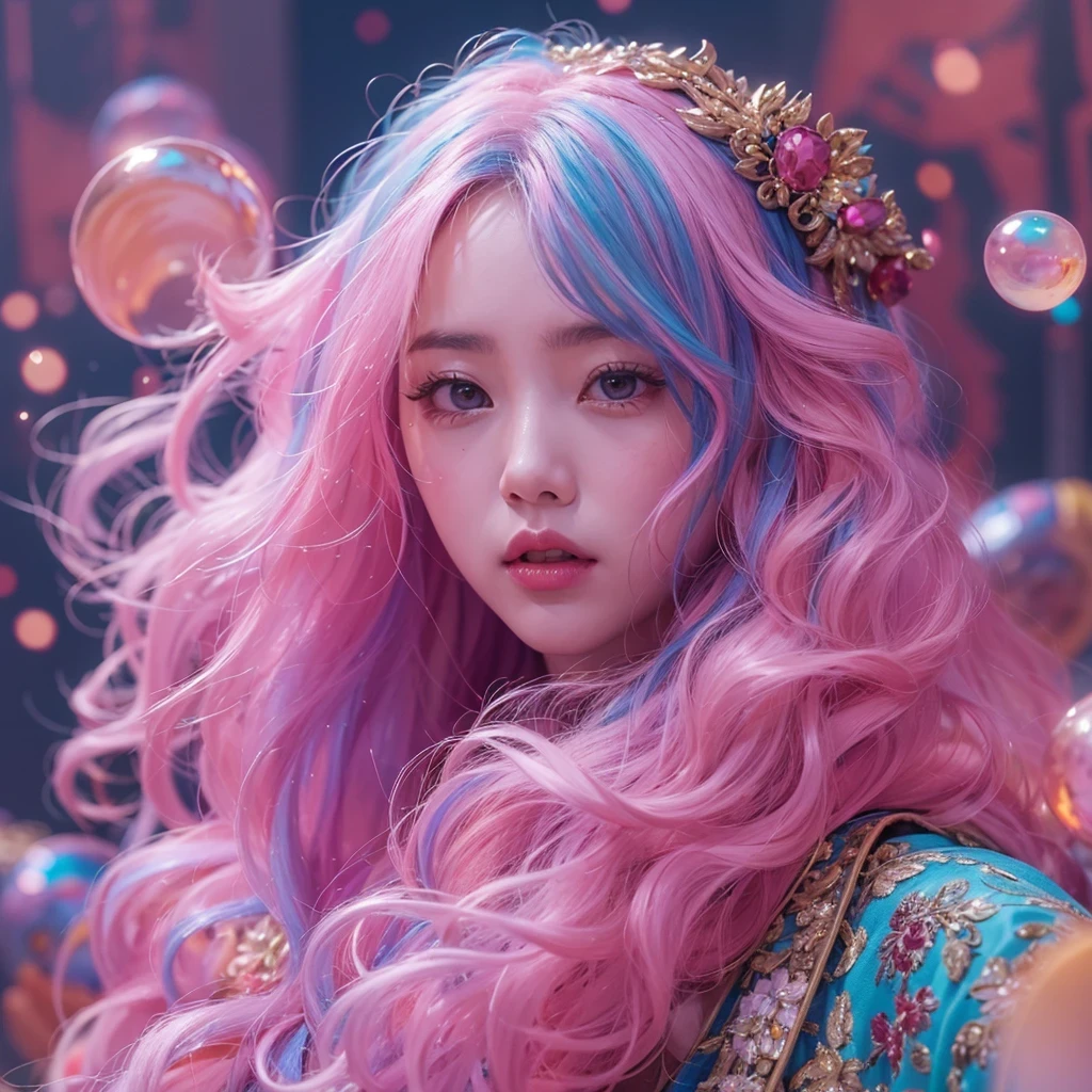Goose pink blue color,enamel,agate,A flesh-colored world,Blood Blue Girl 32K(masterpiece,HD,Aoyama Pond,Ultra high quality,32)long flowing bright blue hair,blood pool,Ziddink, a color,Grumpy (After greeting), (Linen scarf), fighting stance, looking at the ground, Goose pink long hair, Floating bright blue, Fire cloud gold headdress, Chinese long-sleeved gold silk burgundy garment, (Abstract metaverse splash:1.2), White background,Peony flower vitality protector(粉realisticlying:1.4),bright purple hair,Smoke on the road,The background is very pure, high resolution, detail, RAW photos, Sharp Re, Nikon D850 film photo by Jefferies Lee 4 Kodak Portra 400 camera F1.6 guns, Rich pink shade, Ultra-realistic and vivid textures, dramatic lighting, Unreal Engine Art Station Trend, Sinest Powder 800,一个有着long flowing bright blue hair的女孩,Huge colorful bubbles鹅粉黄