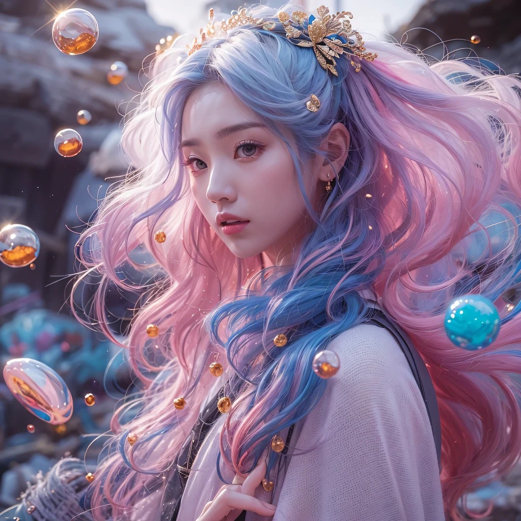 Goose pink blue color,enamel,agate,A flesh-colored world,Blood Blue Girl 32K(masterpiece,HD,Aoyama Pond,Ultra high quality,32)long flowing bright blue hair,blood pool,Ziddink, a color,Grumpy (After greeting), (Linen scarf), fighting stance, looking at the ground, Goose pink long hair, Floating bright blue, Fire cloud gold headdress, Chinese long-sleeved gold silk burgundy garment, (Abstract metaverse splash:1.2), White background,Peony flower vitality protector(粉realisticlying:1.4),bright purple hair,Smoke on the road,The background is very pure, high resolution, detail, RAW photos, Sharp Re, Nikon D850 film photo by Jefferies Lee 4 Kodak Portra 400 camera F1.6 guns, Rich pink shade, Ultra-realistic and vivid textures, dramatic lighting, Unreal Engine Art Station Trend, Sinest Powder 800,一个有着long flowing bright blue hair的女孩,Huge colorful bubbles鹅粉黄