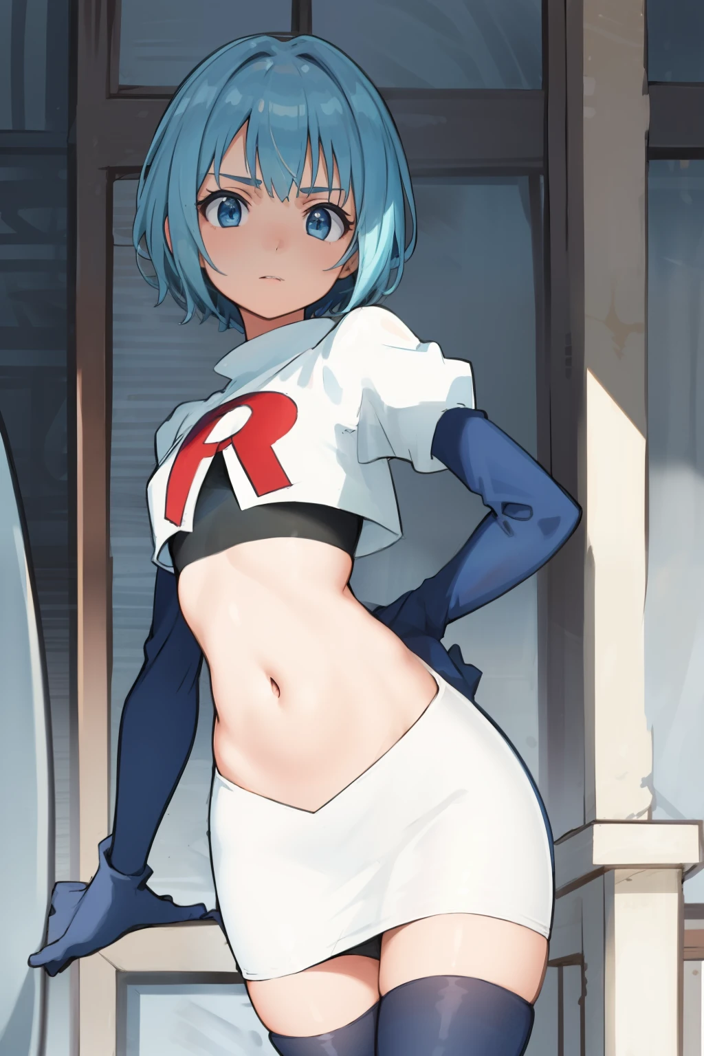 best quality, (masterpiece:1.2), highly detailed,
1girl, solo, lelei la lalena,
looking at viewer,
blue eyes, blue hair, short hair, small breasts, team rocket,team rocket uniform,white skirt,red letter R,crop top,black thigh-highs,black elbow gloves