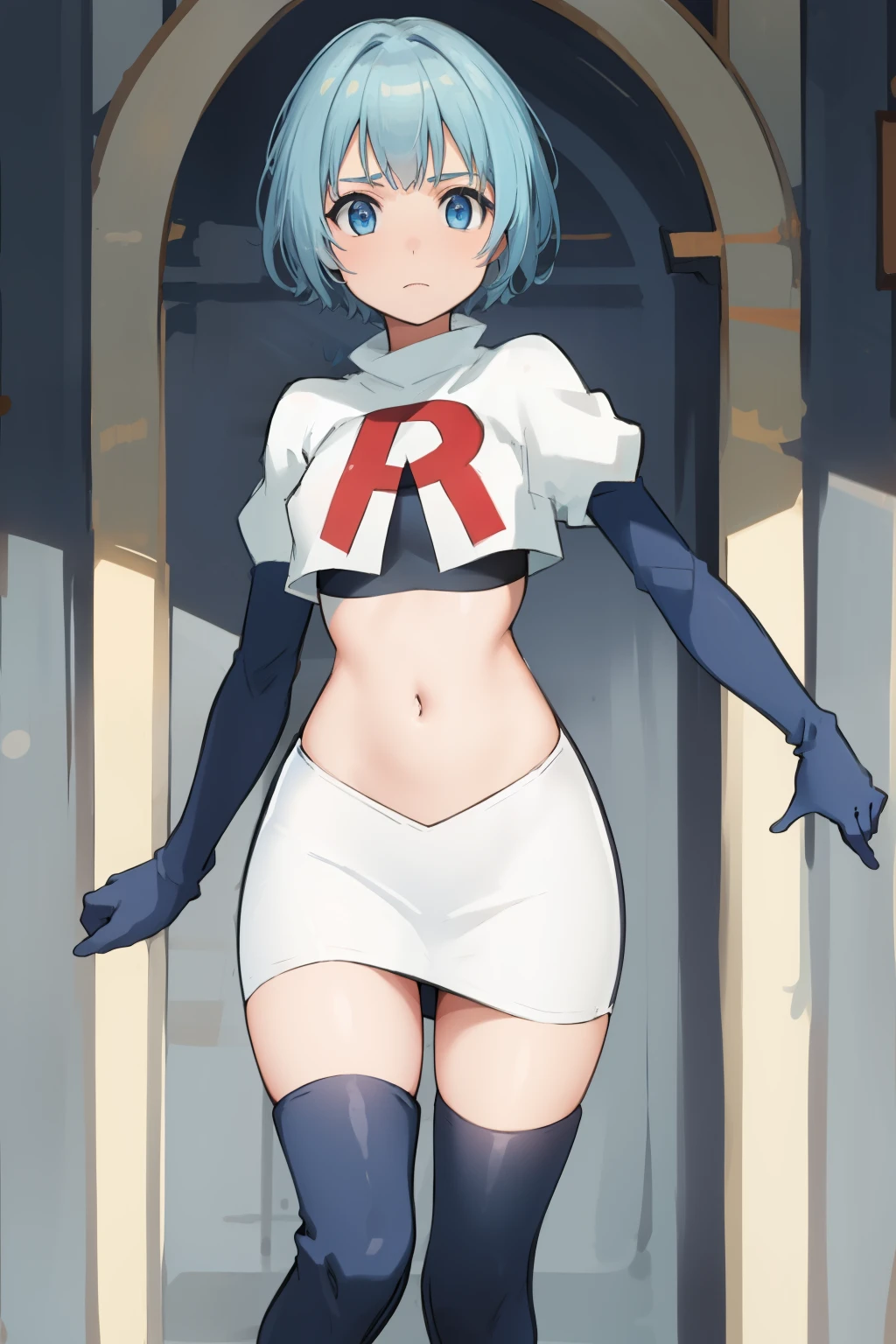 best quality, (masterpiece:1.2), highly detailed,
1girl, solo, lelei la lalena,
looking at viewer,
blue eyes, blue hair, short hair, small breasts, team rocket,team rocket uniform,white skirt,red letter R,crop top,black thigh-highs,black elbow gloves