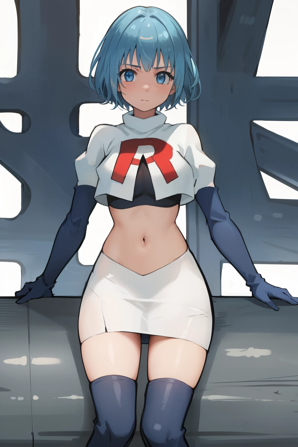 best quality, (masterpiece:1.2), highly detailed,
1girl, solo, lelei la lalena,
looking at viewer,
blue eyes, blue hair, short hair, small breasts, team rocket,team rocket uniform,white skirt,red letter R,crop top,black thigh-highs,black elbow gloves