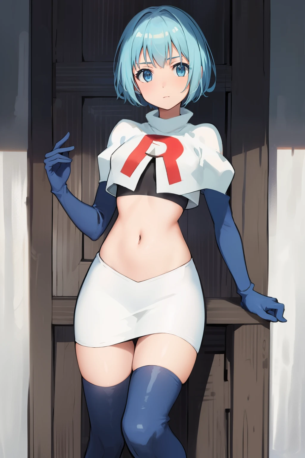 best quality, (masterpiece:1.2), highly detailed,
1girl, solo, lelei la lalena,
looking at viewer,
blue eyes, blue hair, short hair, small breasts, team rocket,team rocket uniform,white skirt,red letter R,crop top,black thigh-highs,black elbow gloves