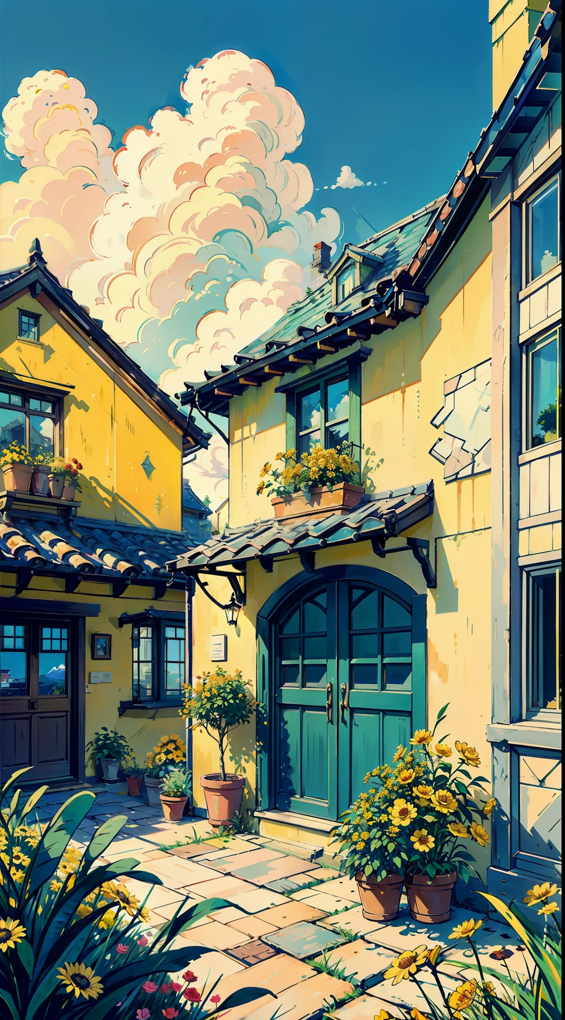 Swiss town, Seaside, scenery, casa, En plein air, sky, janelas, a plant, sky, Grass, Clouds, Plants in pots, green trees, doors, flower pots, Blue sky, architecture, chimneys, Yellow flowers, rosette, Miyazaki style