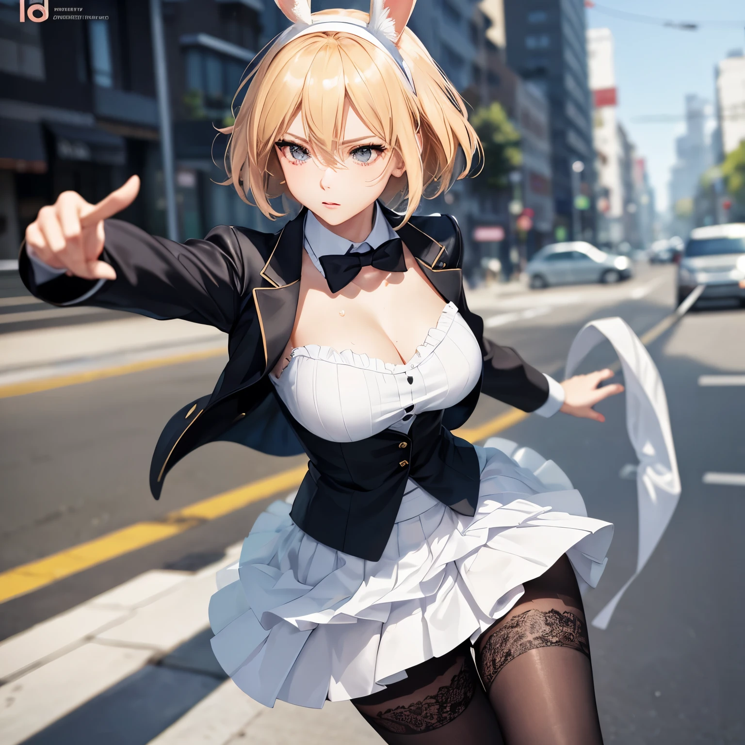 Anime-inspired realistic character, around thirty years old, exudes an alluring charm with her vibrant blonde hair in a sleek short cut. In the midst of dynamic motion, she twirls to face forward, leaving sweat traces as evidence of her effort and intensity. Adorned with a whimsical white headband, rabbit ears included, she pairs it elegantly with a tuxedo jacket, a flowing skirt, and fishnet tights. This illustration accentuates her mature allure and grace, as her hair flows gracefully behind her, blurred softly in the background to focus on her intricate attire and the character itself. The anime style comes alive with a realistic depiction