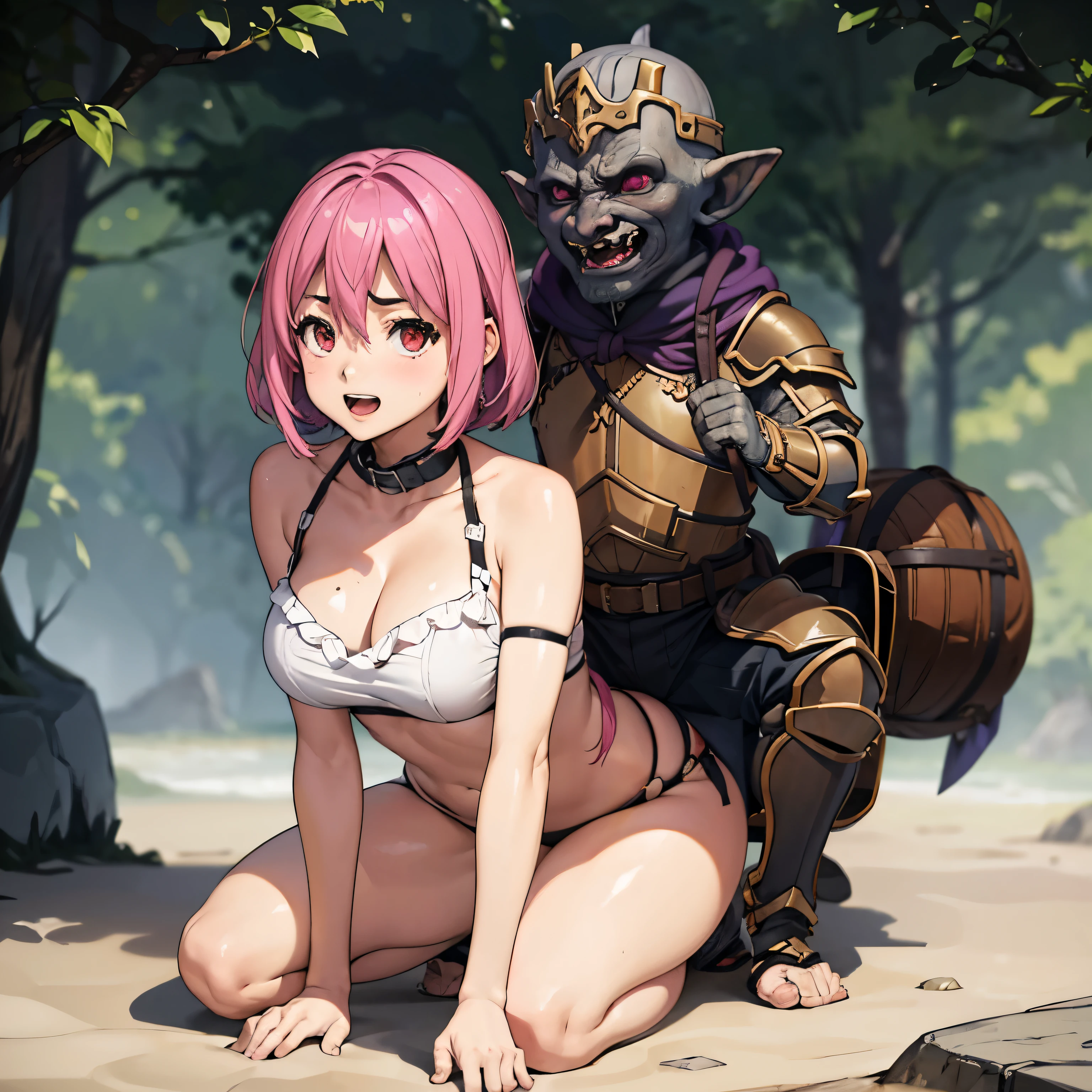 Masterpiece, ghostriding, a ghost is riding a girl, (all four), 1 girl, Medium bust, (armor:1.1), (Nose hook), ghost, rein, shirt collar, be happy trance, obey, slave, be happy, Ahegao, spoiled, Hisako Arato, pink hair, short hair, brown eyes