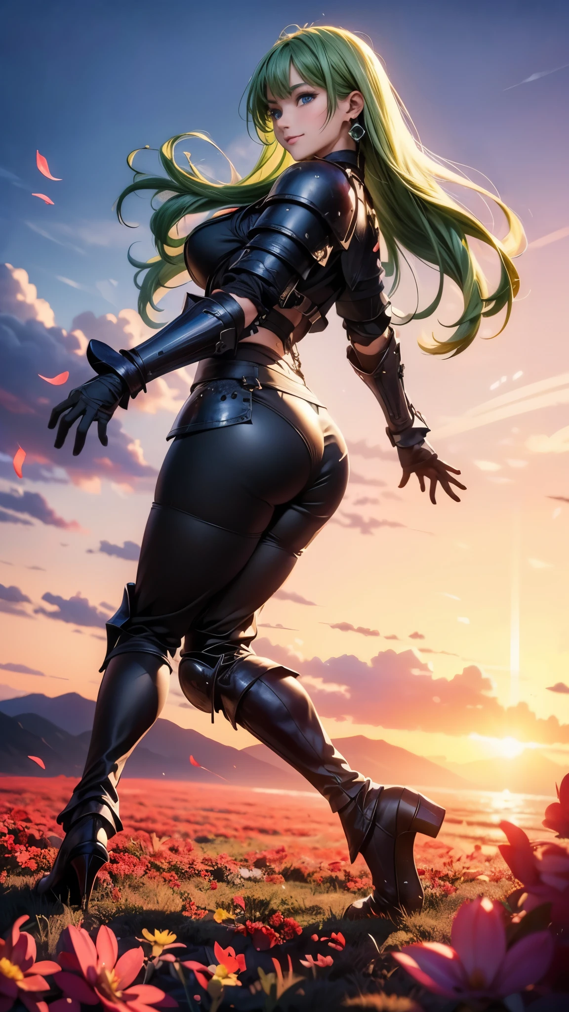 (3d anime woman with perfect anime eyes), (photo realistic:1.4), (Subsurface Scattering effect on skin:1.2), (bloom shader effect:1.2), (backlighted, full body shot: 1.5, low angle shot:1.5), (free hands:1.5), (earrings), (piercings), (long stylized thick legs:1), (natural breasts:0.8), (gorgeous thick hips:0.7), (white marble skin:1), (42 years old woman warrior, seductive smile), (long green straight hair to the shoulders), (wearing leather ((armour)) body harness), (carrying a sword on a field, the angle of the scene is a low angle perspective showing full body), accurate, UHD, retina, masterpiece, anatomically correct, textured skin, ultra high detail, ultra high quality, award winning piece of art, ultra high resolution, better_hands, better_legs, perfect_hands, perfect_hands, better_eyes, beautiful_anime_eyes.