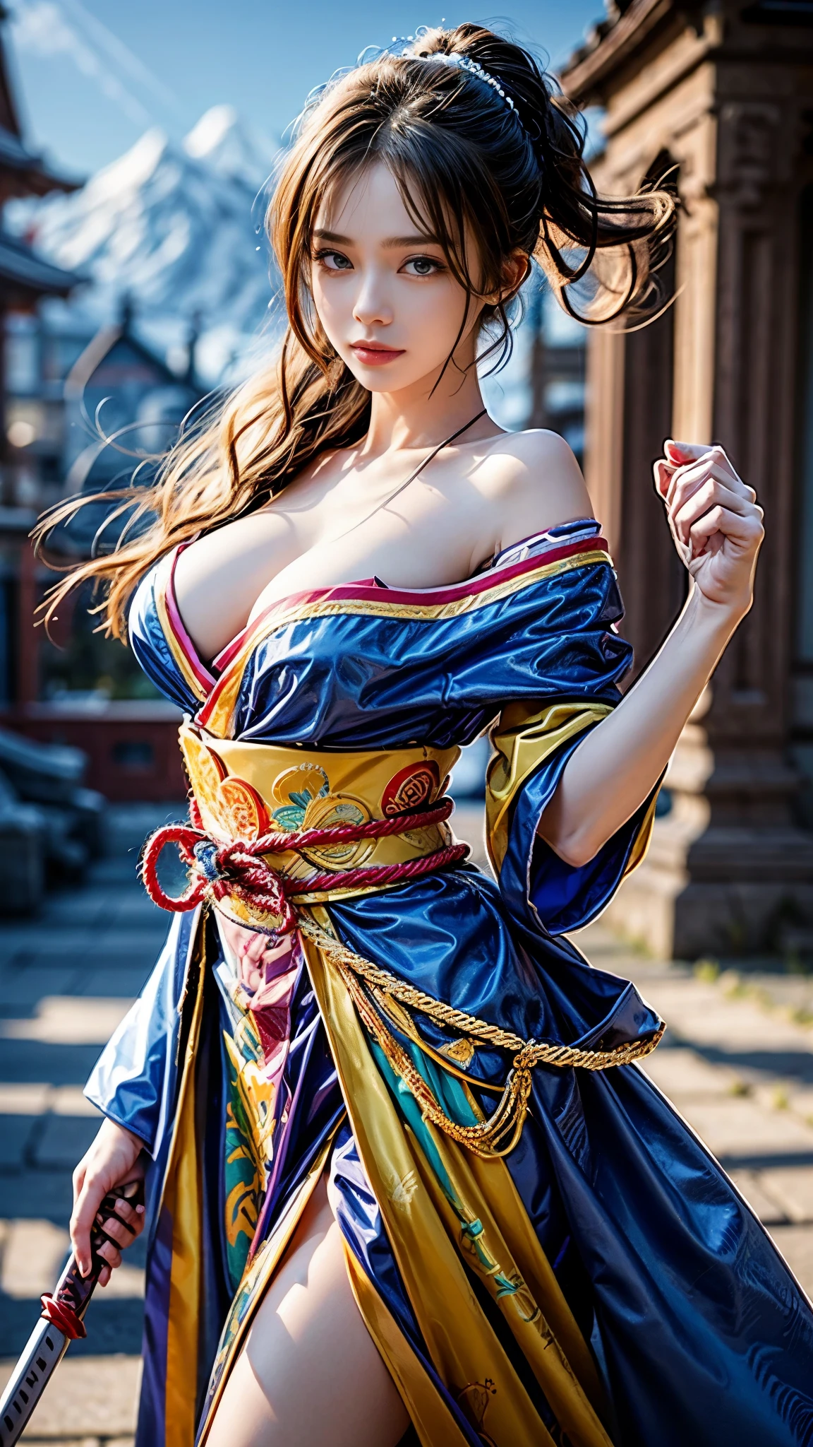 (RAW shooting, Photoreal:1.5, 8k, highest quality, masterpiece, ultra high resolution), Sengoku, perfect dynamic composition:1.2, realistic:1.3, Highly detailed skin and facial textures:1.3, A slim female samurai holding a Japanese sword in the upper position:1.1, beautiful and aesthetic:1.2, cute and sexy beauty, perfect style, wear elaborate rings, war, water, Wind, thunder, ice, Fair skin, very beautiful face, (Medium chest, Chest gap), (embarrassing smile, The expression on your face when you feel intense caress, Facial expression when feeling pleasure), (Wearing a sexy Sengoku uniform:1.1, off shoulder), (beautiful blue eyes, Eyes that feel beautiful eros:0.8), (Too erotic:0.9, Bewitching:0.9), full body shot, Japanese castle in the background