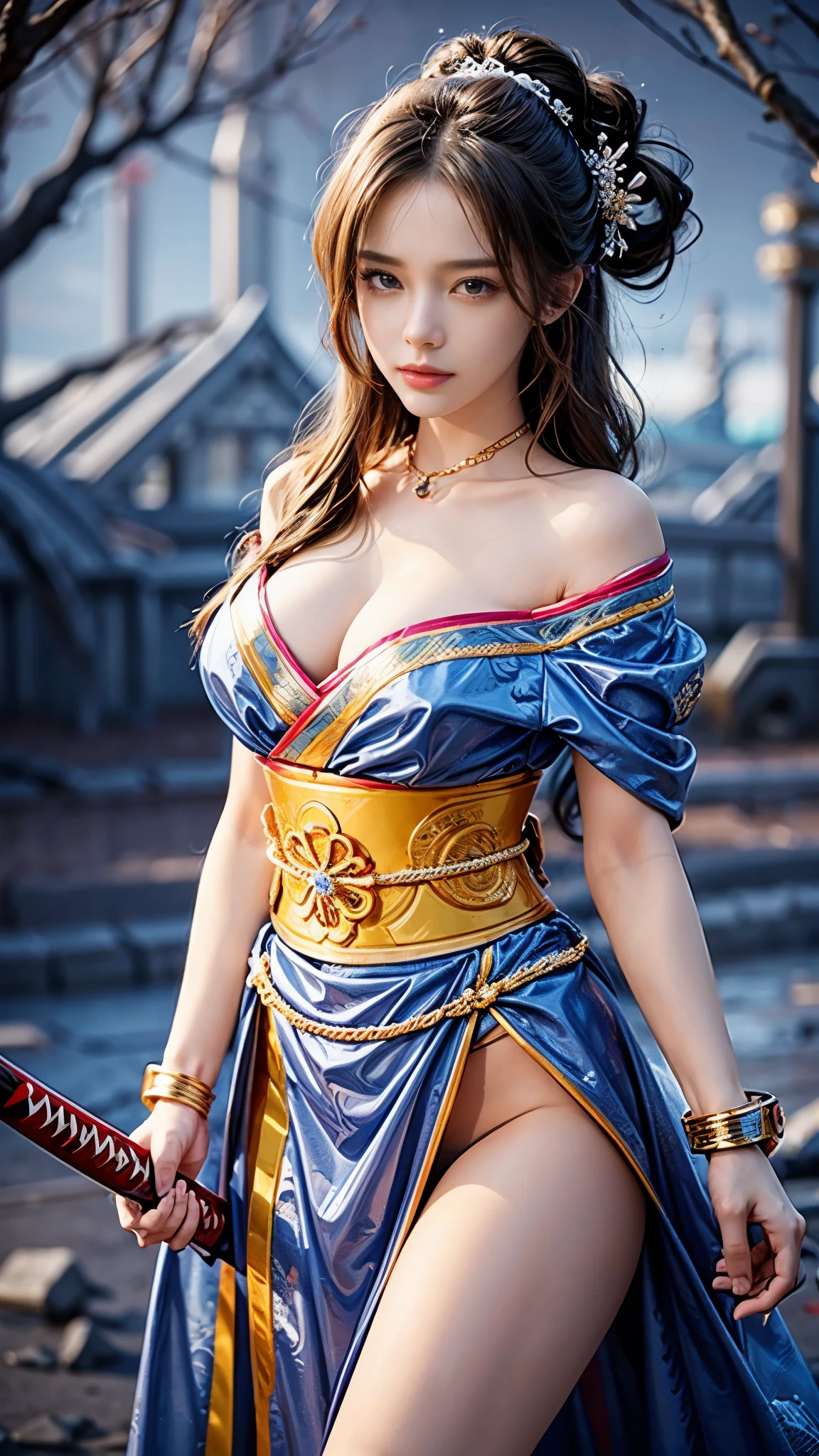 (RAW shooting, Photoreal:1.5, 8k, highest quality, masterpiece, ultra high resolution), Sengoku, perfect dynamic composition:1.2, realistic:1.3, Highly detailed skin and facial textures:1.3, A slim female samurai holding a Japanese sword in the upper position:1.1, beautiful and aesthetic:1.2, cute and sexy beauty, perfect style, wear elaborate rings, war, water, Wind, thunder, ice, Fair skin, very beautiful face, (Medium chest, Chest gap), (embarrassing smile, The expression on your face when you feel intense caress, Facial expression when feeling pleasure), (Wearing a sexy Sengoku uniform:1.1, off shoulder), (beautiful blue eyes, Eyes that feel beautiful eros:0.8), (Too erotic:0.9, Bewitching:0.9), full body shot, Japanese castle in the background