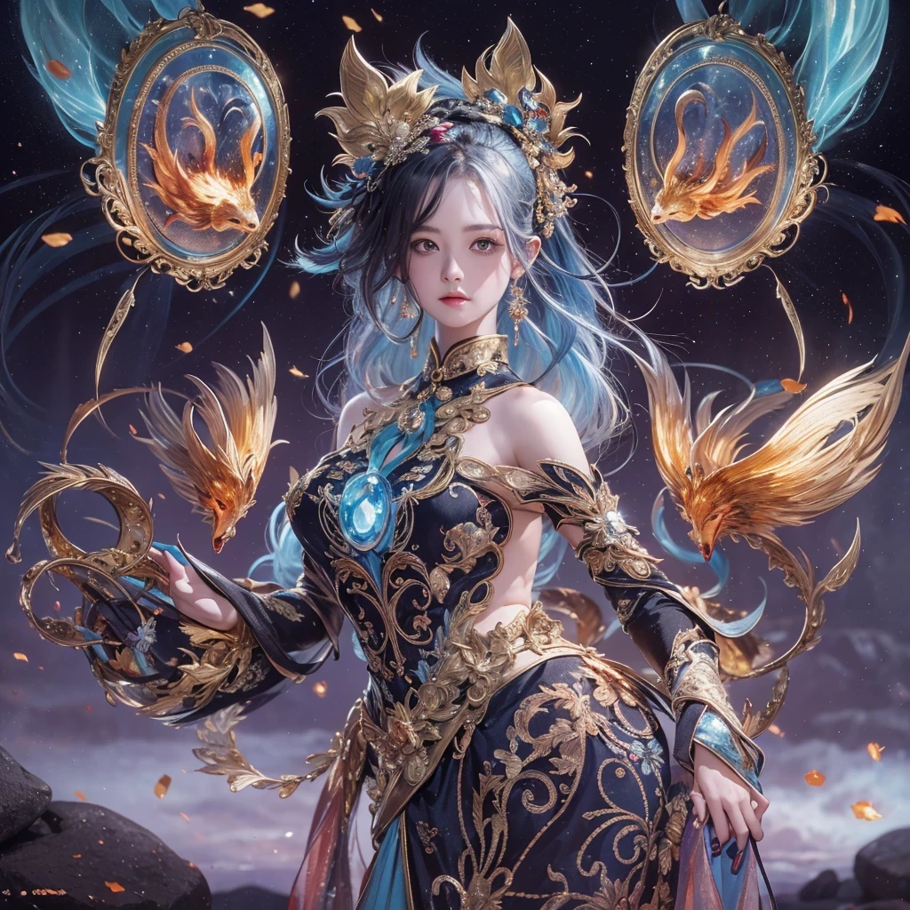 Feitian Nine Tails Light Blue Celestial Master Flame Hairy Fox Star,novel,Torch Night Black Gold Orange Snake Print Silk Trousers,Rouge Diamond Tulle Sheer Lizard Print,Fat girl flying in space in the snow 1:900 miniatures,Front view,pure transparency,put on boxing gloves,Wear gold-framed reflective sunglasses,Panoramic super wide angle,very happy,Authentic and delicate texture,Strong visual impact,Super detailed,dream girl,delicate face型,beautiful eyes,Hair floating in the air, Cherry style,Zhou Xiaotong,crystal clear,Good sense of perspective,Light and shadow effects,16K smooth,surface reflected light,flowing black hair,Water Goddess 32K,complicated,grace,Very detailed,magnificent,digital photography,Autumn Cowboy Shooting,Surrealism,broken ruby,defeat magic,Water magic entanglement,(masterpiece,movie lighting,beautiful eyes:1.2),high dynamic range,void 5 energy storm,(china 1 girl,black eyes:1.5),rouge skin,glowing skin,(sit on stone:1.5),delicate face,black hair,Put on gorgeous golden armor,take off shoulders,,short skirt,beautiful golden armor,it'It's raining,beautiful big breasts,looking at the audience,Turn your back to the camera,masterpiece,side,side portrait close-up