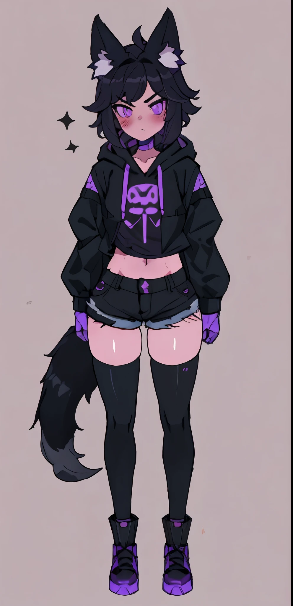 male, Anime Femboy, Short, Long black hair, long fox tail, wearing jean short shorts, black and purple striped thigh high socks, black combat boots, wearing cropped black hoodie, solo, wide hips, thicc thunder thighs, nice butt, lobo written on hoodie, wearing short shorts, multicolored hair, black hair, purple hair, cosmic purple eyes, super flat chest, no chest, flattest chest (SUPER FLAT CHEST), race white, ALONE, (SOLO)(ALONE), blush, annoyed, full blush, Feminine features, fox ears, anatomically correct, super detail, high quality, 16k, highres