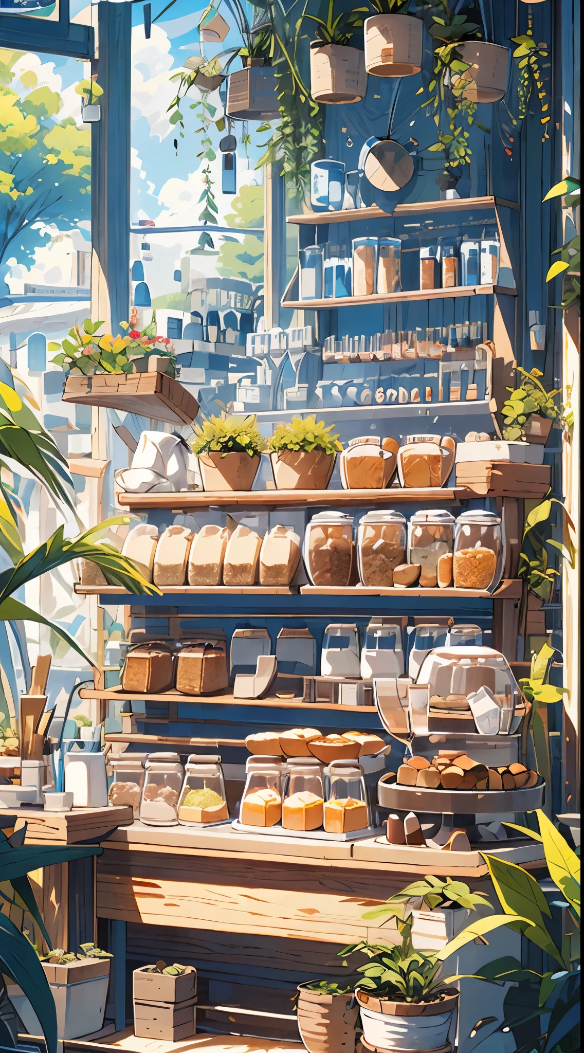 (masterpiece:1.2), best quality,PIXIV,cozy animation scenes,
scenery, no humans, sky, plant, window, food, cloud, day, cup, shelf, tree, jar, table, bottle, sunlight, blue sky, indoors, potted plant, bread, plate, chair, shop, electric fan, 
 