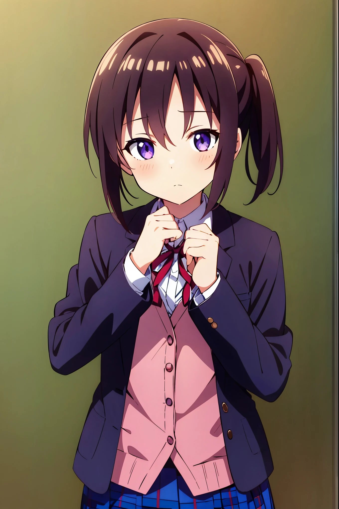 1girl, solo, clean anime, ((dropping eyes)), school uniform, long sleeves, plaid skirt, polka_dot jacket, mad expression, masterpiece, best quality, highres