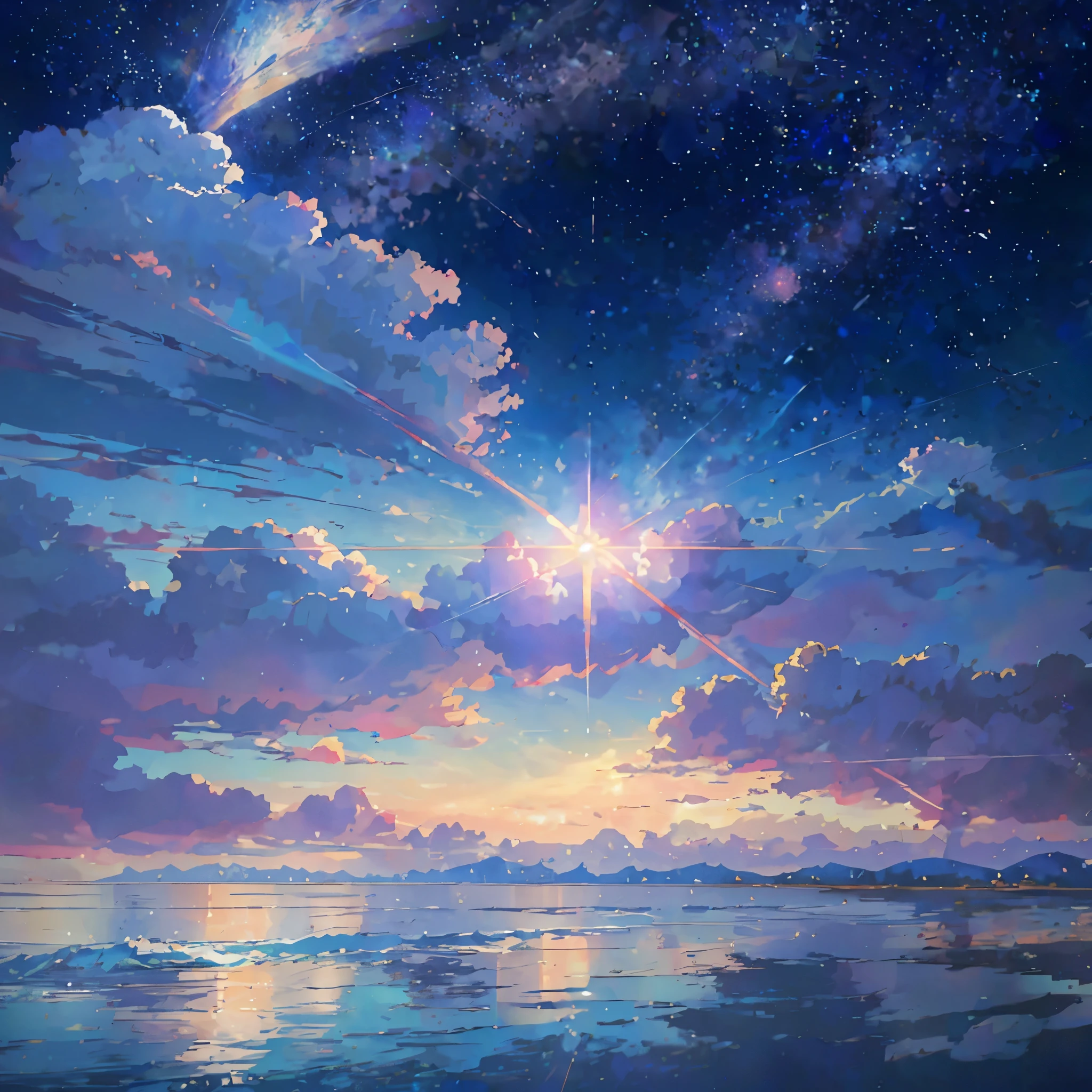 anime scenery of a beach with a As estrelas filled Skysky, UniverseSkysky. author:Shinkai sincerely, ethereal As estrelaslit city at sunset, Cloudy, anime Skysky, As estrelas(Skysky) As estrelasry_Skysky, Anime beautiful peaceful scene, Anime background art, beautiful anime scenes, A beautiful artistic illustration, Shinkai sincerely的风格, The background is the endless universe