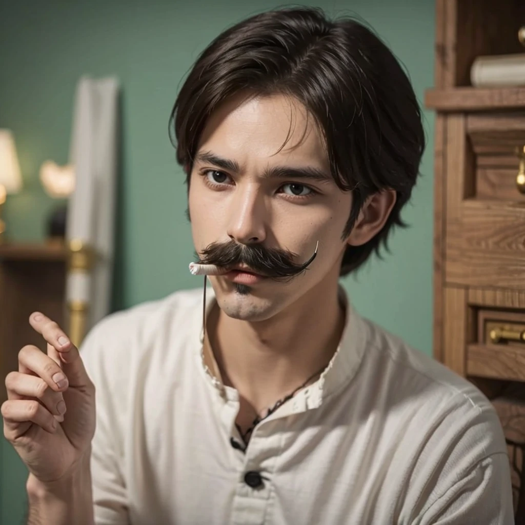 1man with mustache hold cigarette