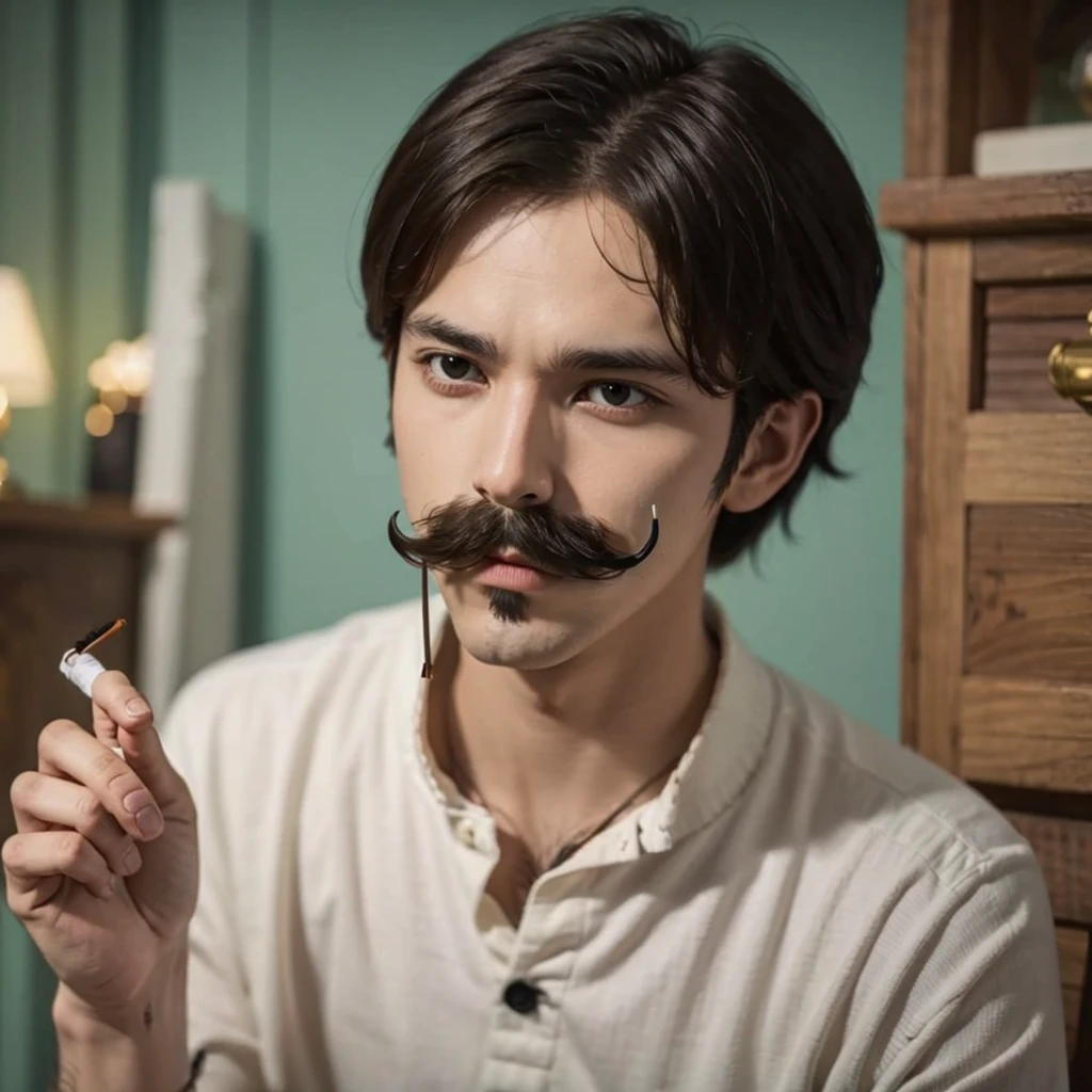 1man with mustache hold cigarette