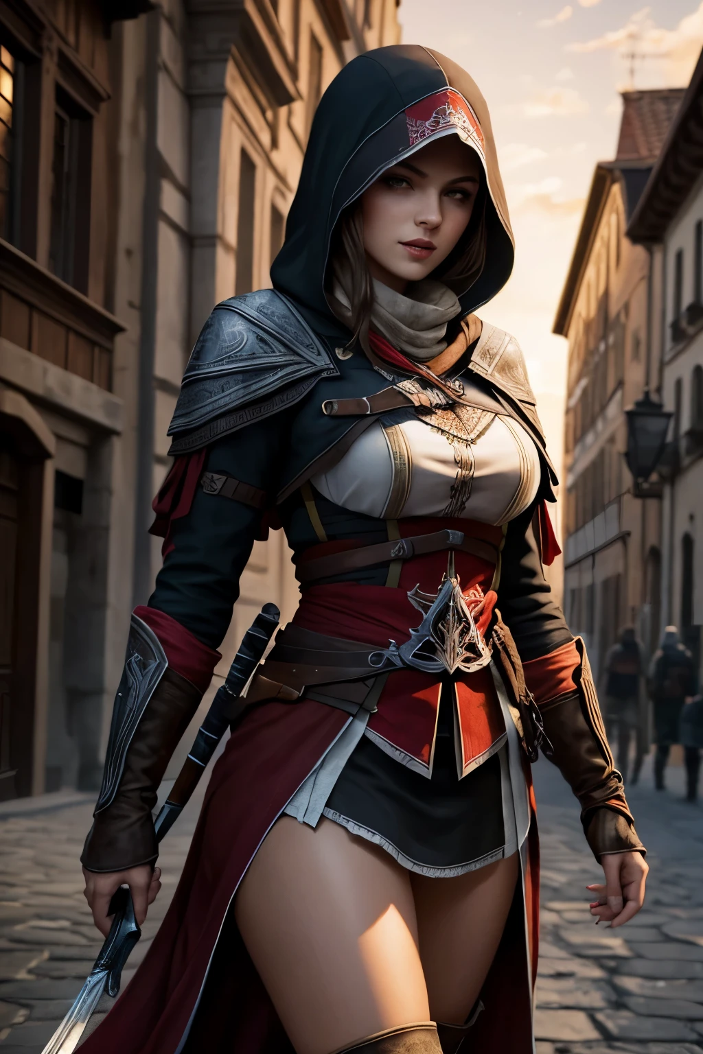 La mujer, Стиль Assassin's Creed, ropa corta, poca ropa, botas hasta la rodilla, Pulseras en las piernas, Ciudad medieval al fondo, de noche, night,  at nighRenacimiento, muy detallado, Realistic long-term photography., 4k, pelo largo, brown hair, By the chestnut, labios rojos, Chica con traje de Assassin&#39;s Creed Altair con capucha, Assassin symbol&#39;s Creed en la cintura, sexy,red lips, brown eyes, big breasts, pechos grandes, breasts, fuegos artificiales, fireworks, eye mask, mascara en los ojos, hood, capucha, mascara de carnaval